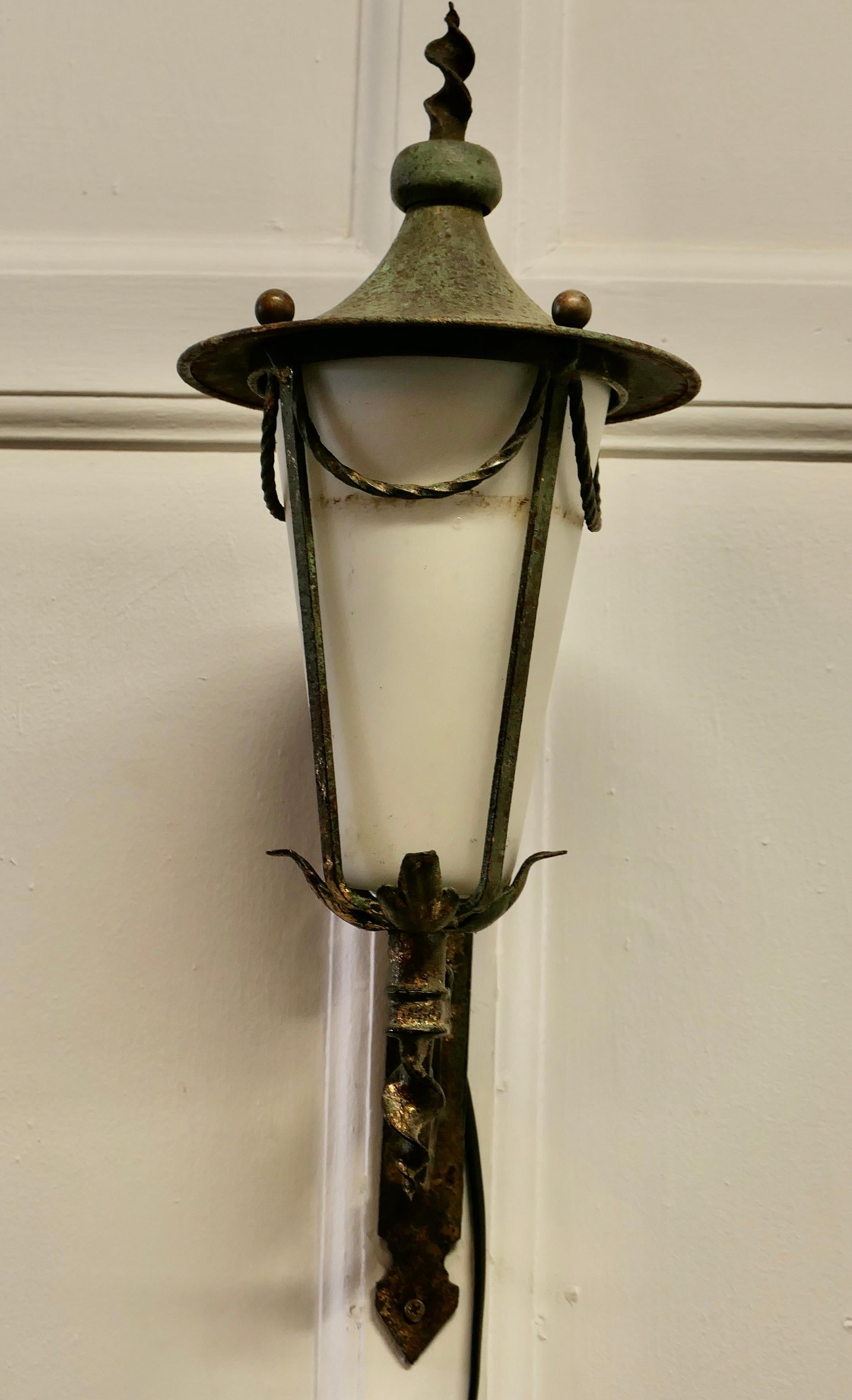 Mid-20th Century Wrought Iron and Opaque Wall Lantern     For Sale