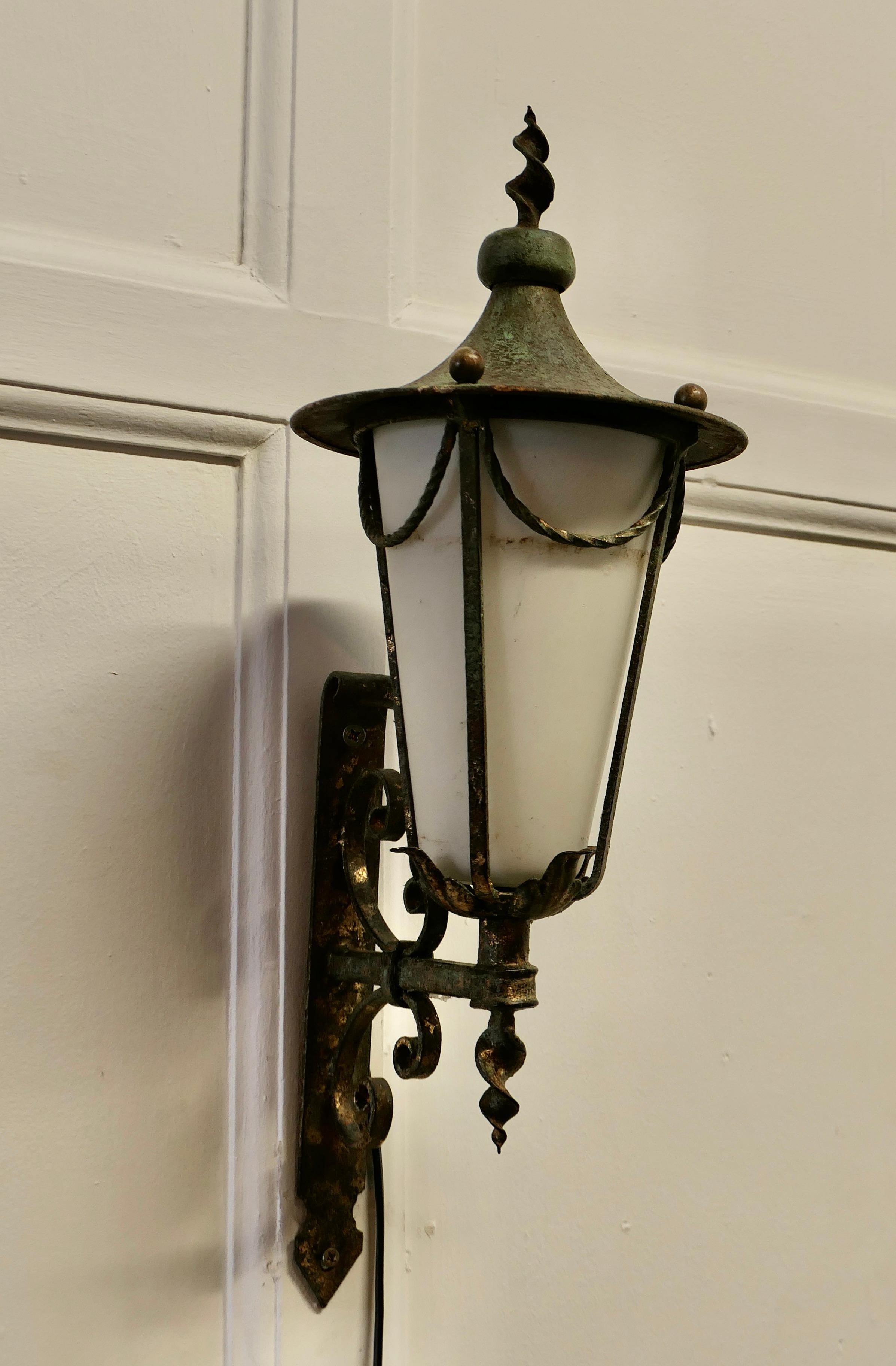 Wrought Iron and Opaque Wall Lantern     For Sale 1