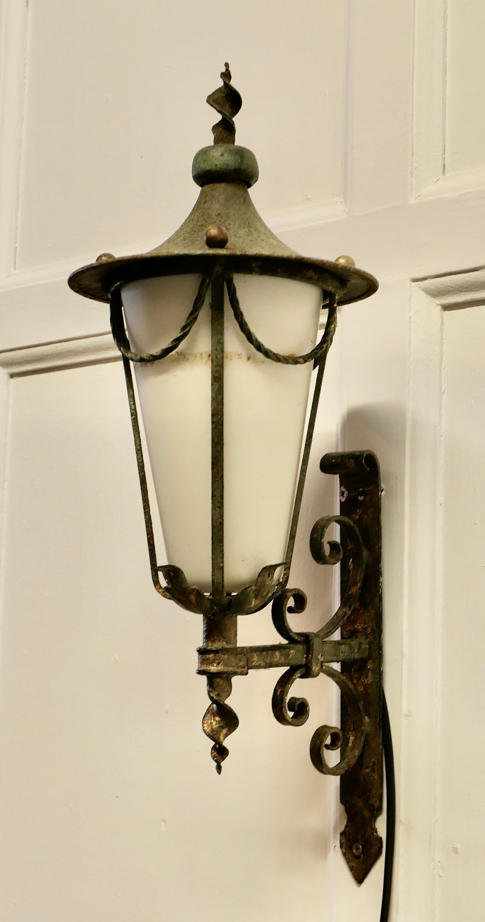 Wrought Iron and Opaque Wall Lantern     For Sale 2