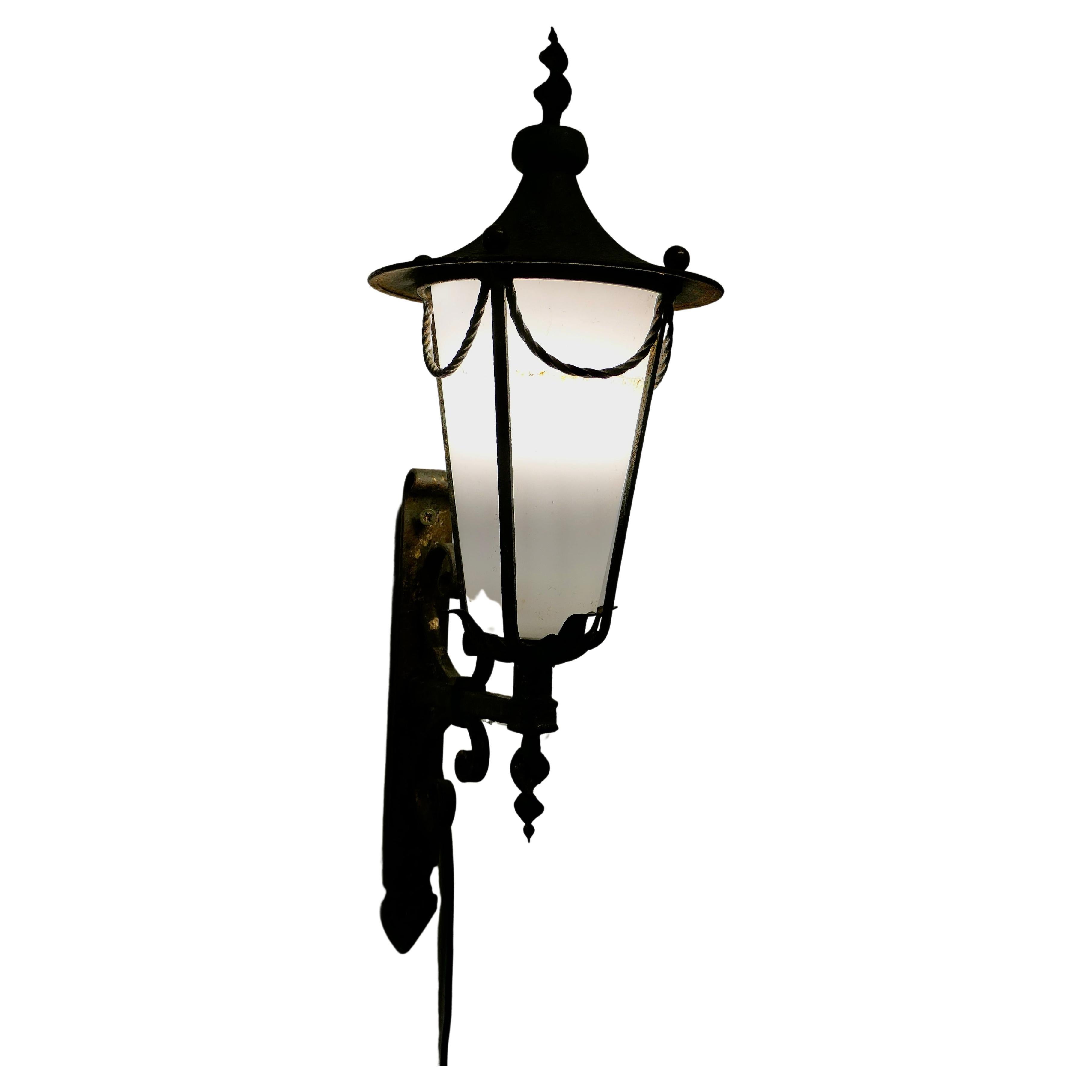 Wrought Iron and Opaque Wall Lantern     For Sale