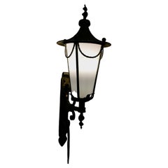 Vintage Wrought Iron and Opaque Wall Lantern    
