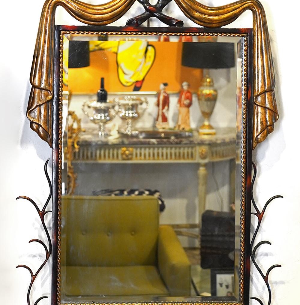 Wrought Iron and Painted Mirror in the Manner of Gilbert Poillerat In Excellent Condition In Ft. Lauderdale, FL