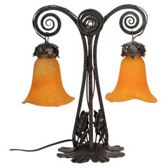 Wrought Iron and Pâte de Verre Tulip Double Lamp by Daum, Nancy.