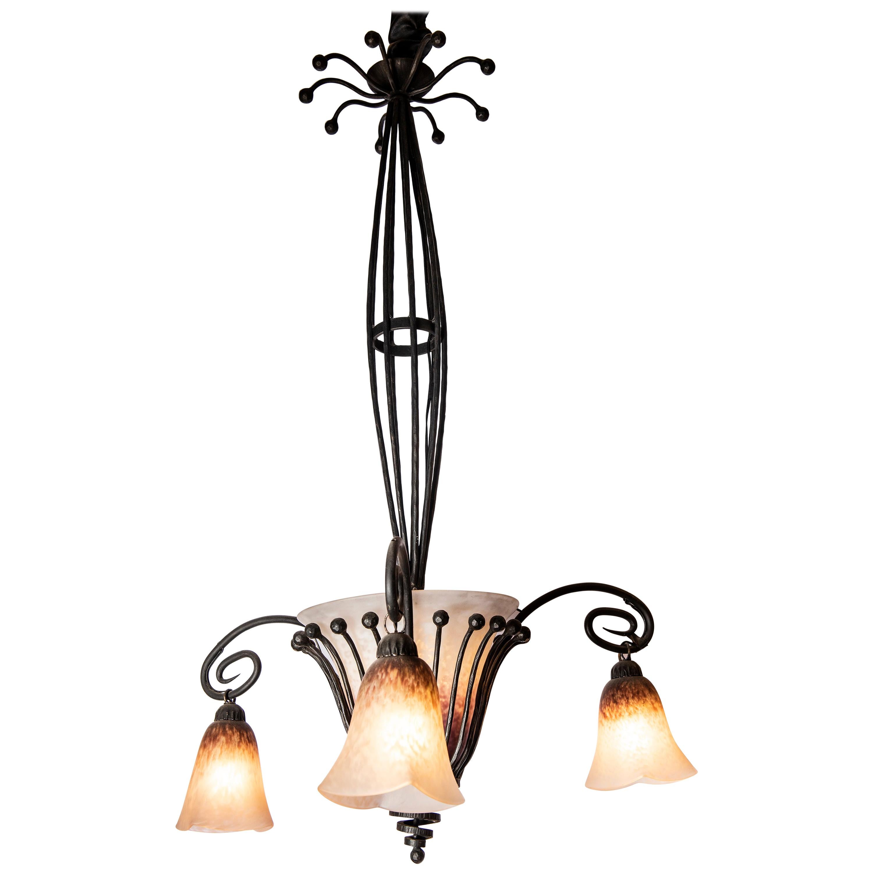 Wrought Iron and Schneider Glass Chandelier, France, circa 1920 For Sale