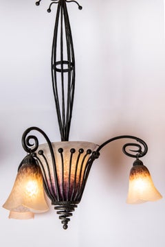Wrought Iron and Schneider Glass Chandelier, France, circa 1920