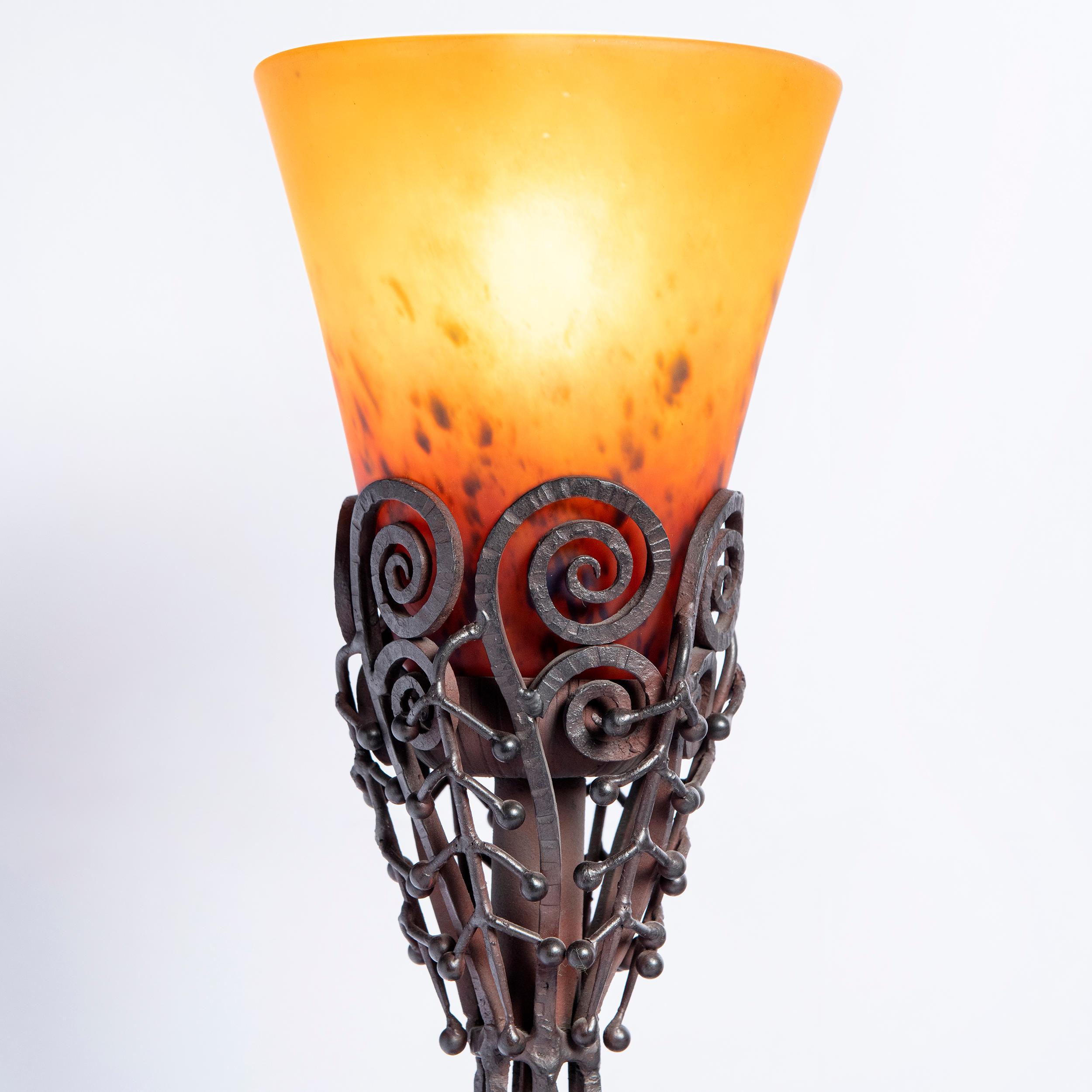 Art Deco Wrought Iron and Schneider Glass Table Lamp, France, circa 1920-1930