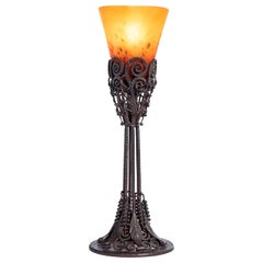 Wrought Iron and Schneider Glass Table Lamp, France, circa 1920-1930