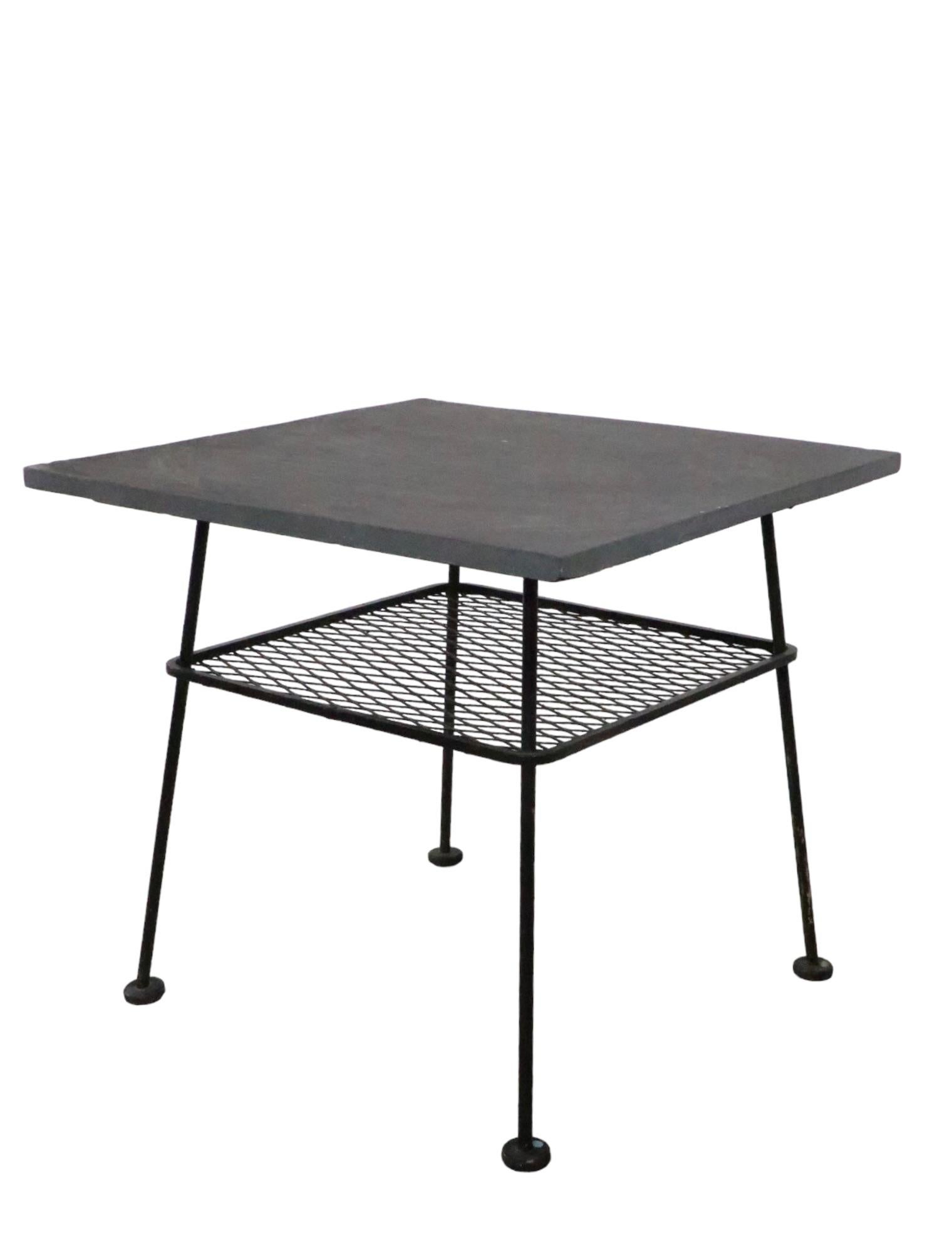 Mid-Century Modern Wrought Iron and Slate Garden Patio, Sunroom Table After McCobb, Woodard, 1950s For Sale