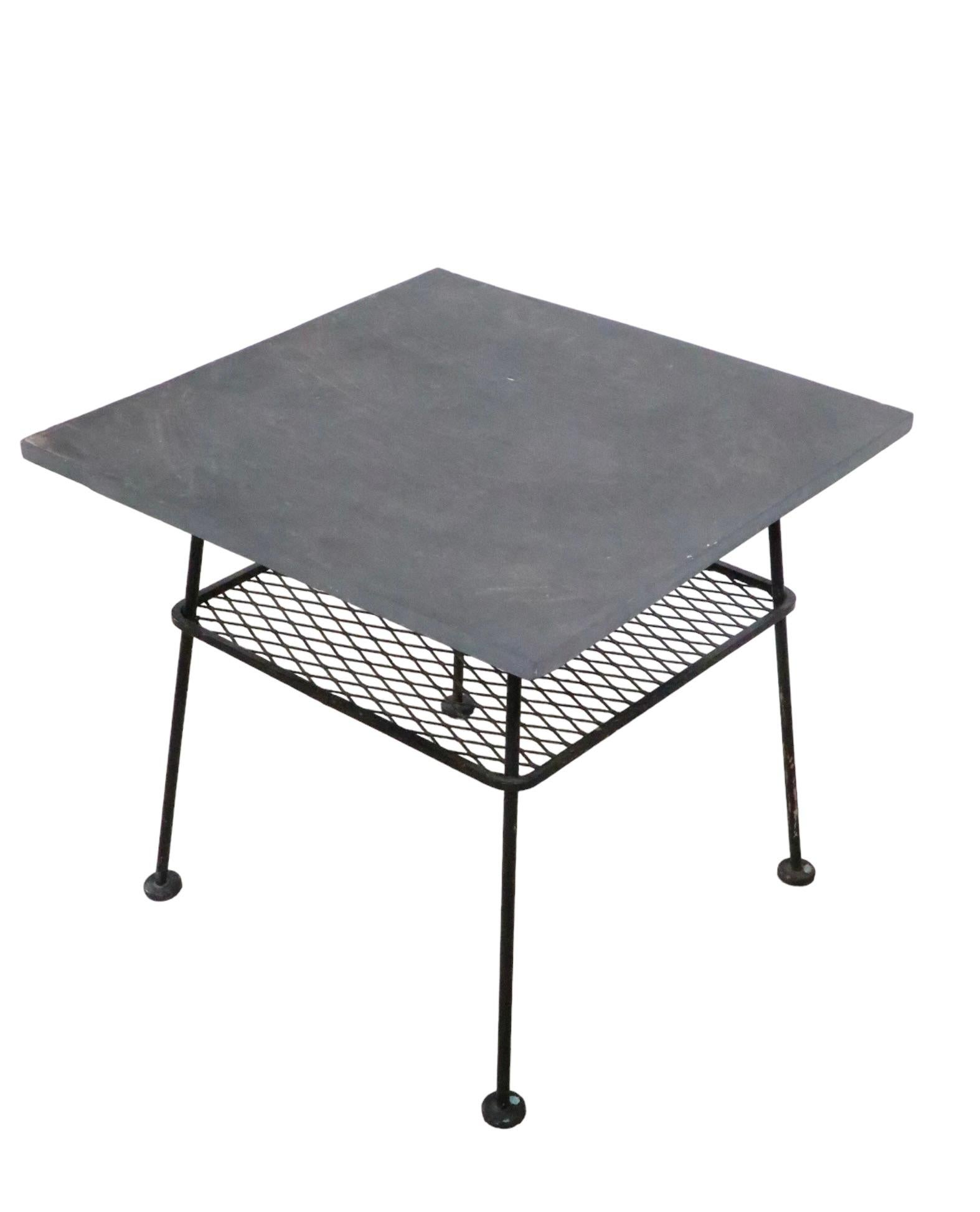 American Wrought Iron and Slate Garden Patio, Sunroom Table After McCobb, Woodard, 1950s For Sale