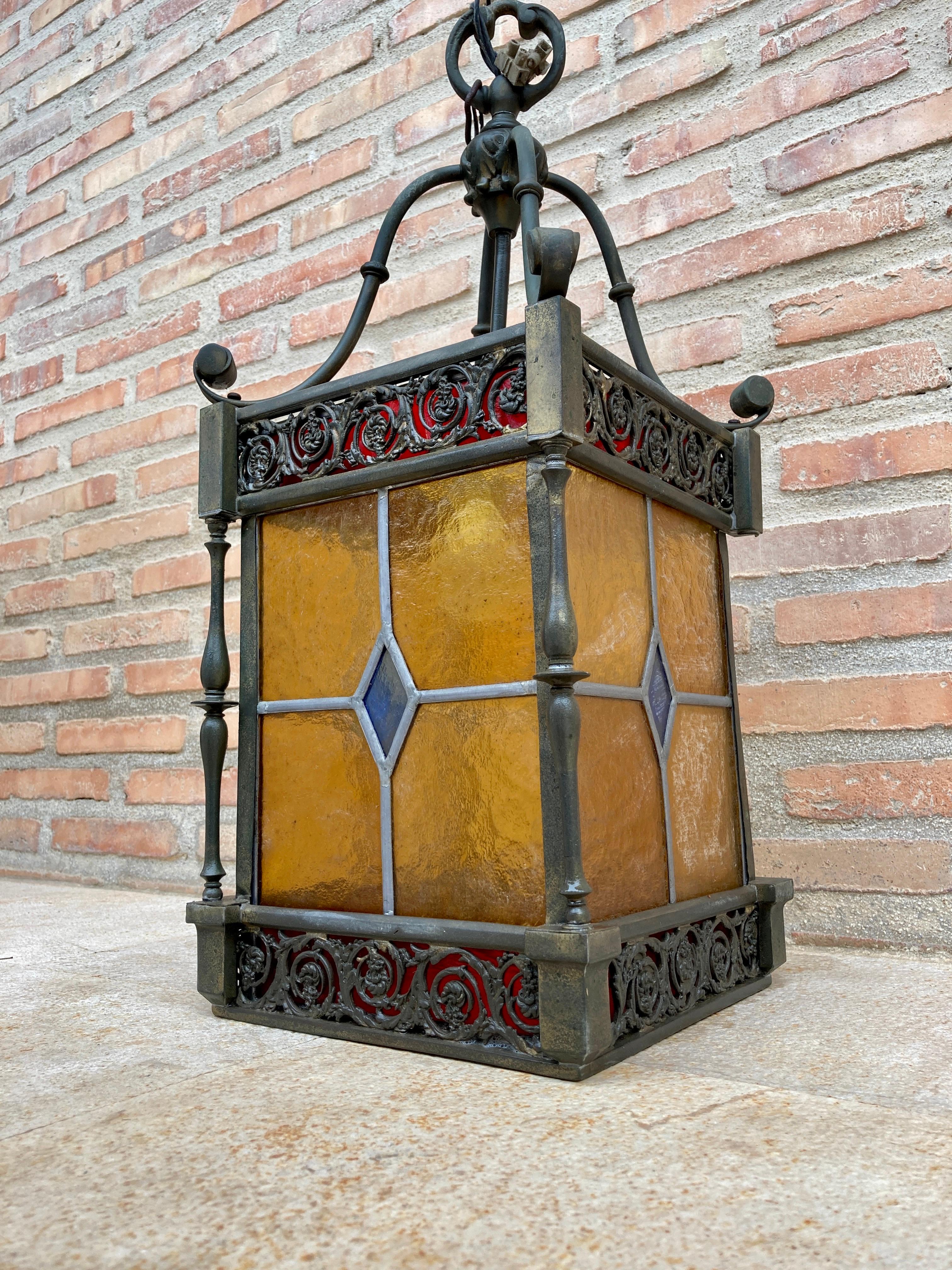 French Provincial Wrought Iron and Stained Glass Ceiling Lantern Lamp, 1950s For Sale
