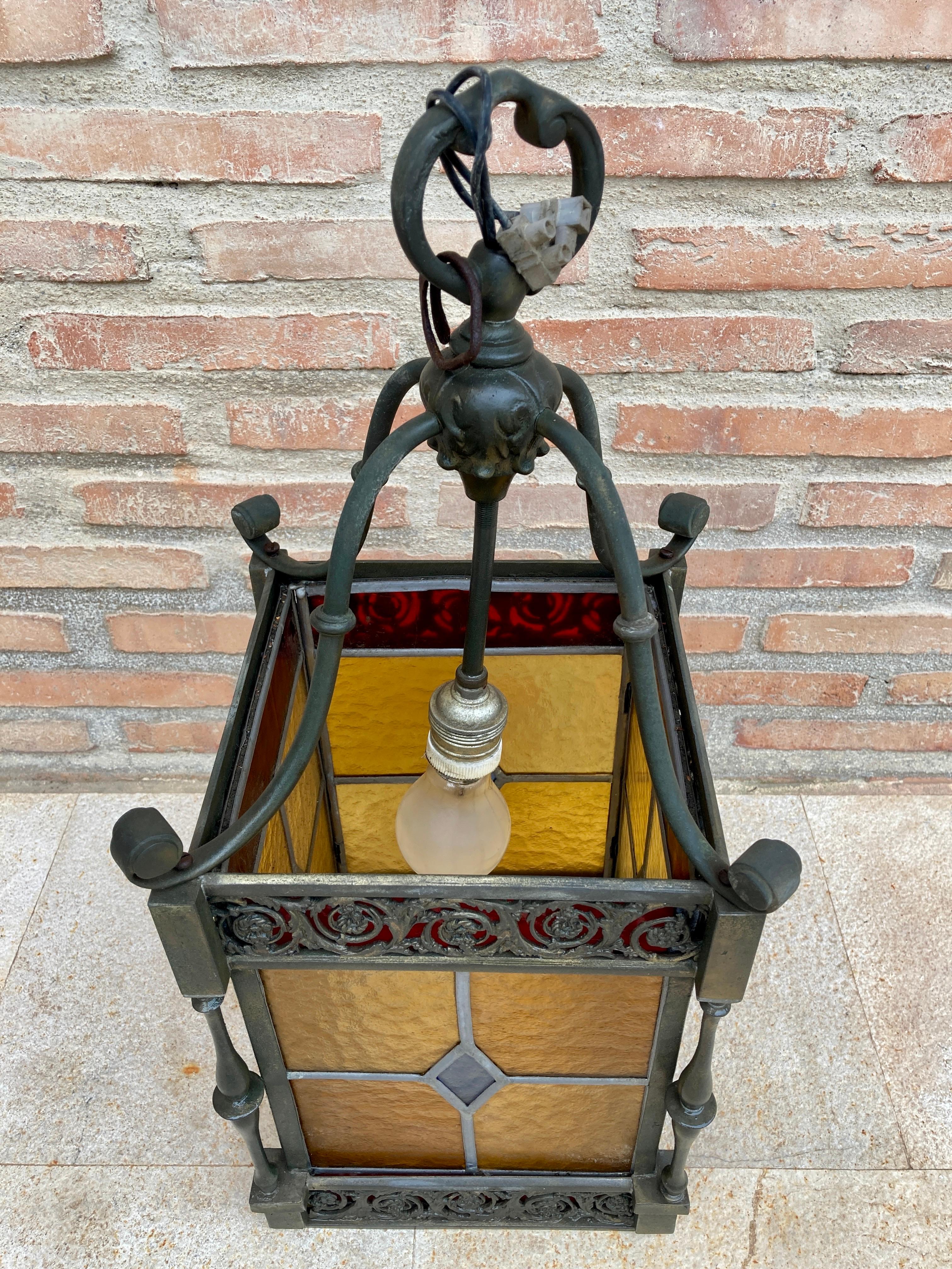 French Wrought Iron and Stained Glass Ceiling Lantern Lamp, 1950s For Sale