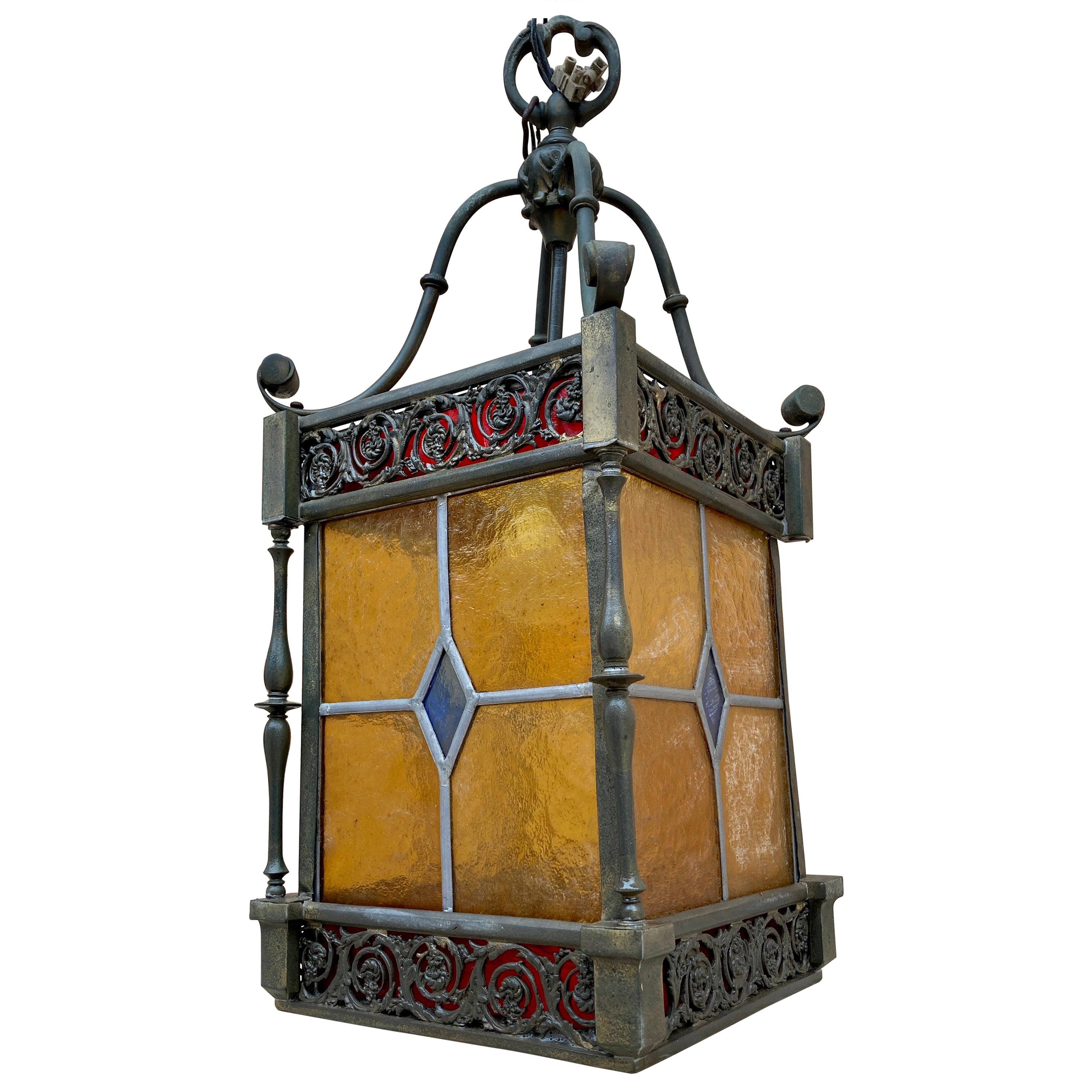 Wrought Iron and Stained Glass Ceiling Lantern Lamp, 1950s For Sale