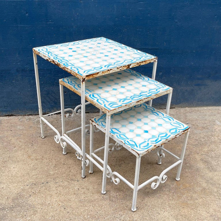 Wrought Iron and Tile Garden Nesting Tables at 1stDibs