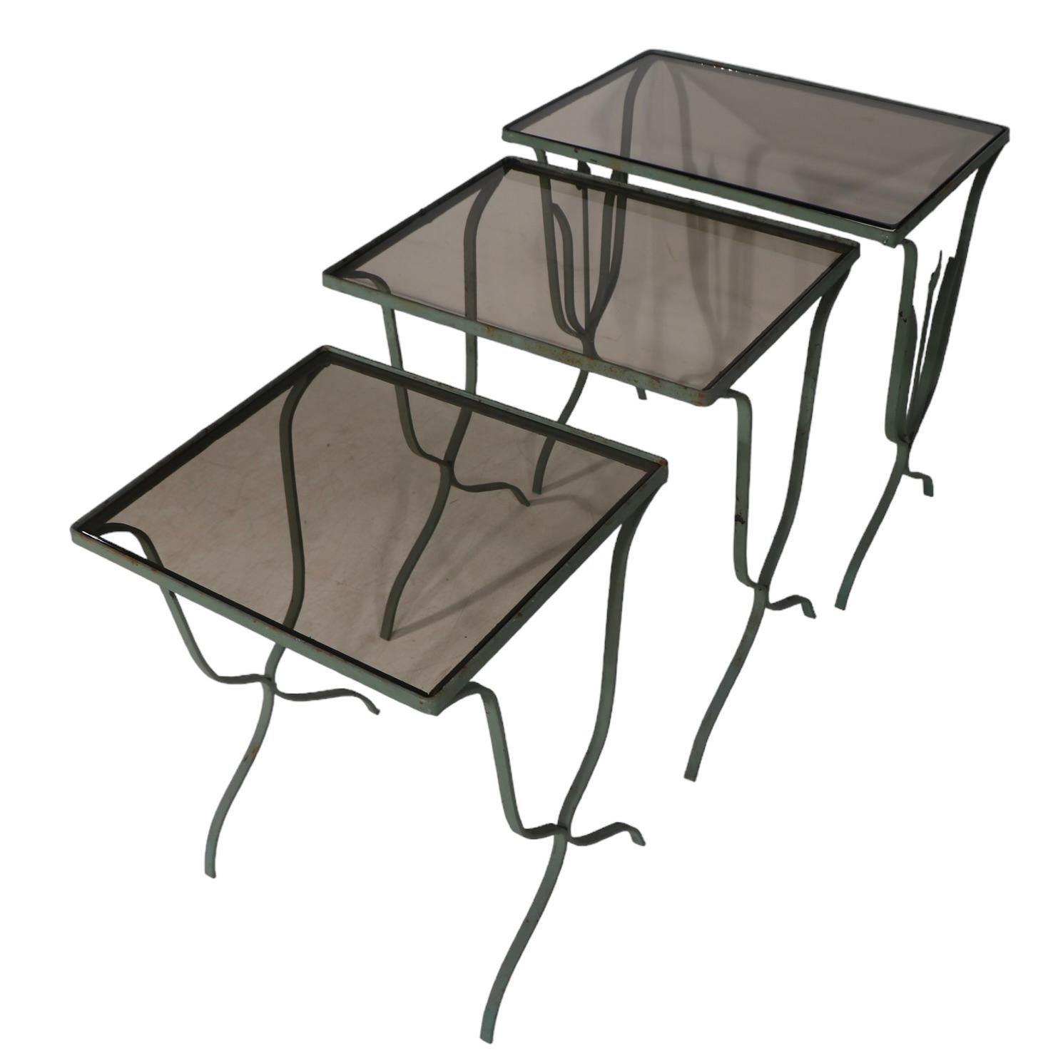 Wrought Iron and Tinted Glass Nest of Three Garden Patio Poolside Tables  For Sale 1