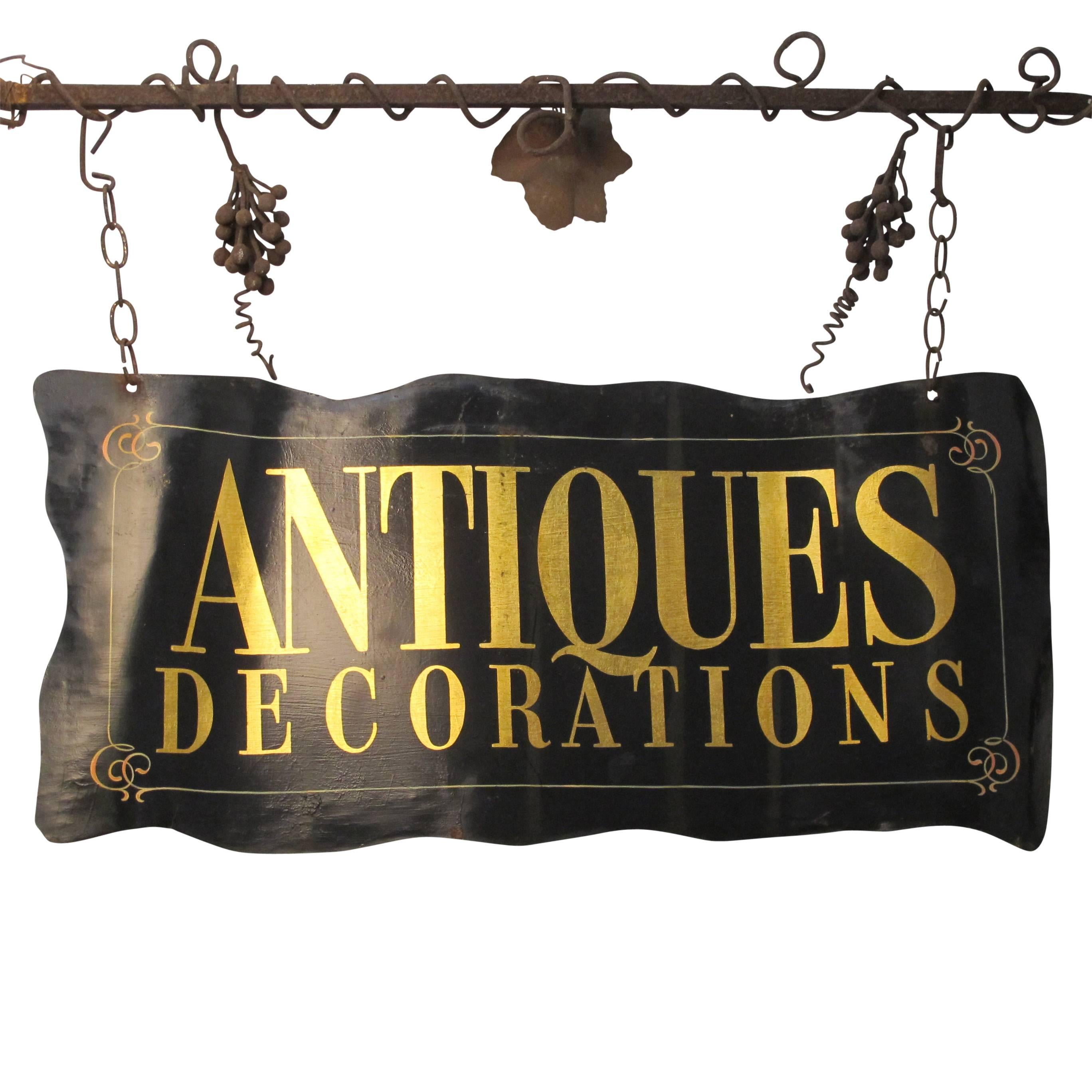 Hand-Crafted Wrought Iron and Tole Painted Antiques Trade Sign