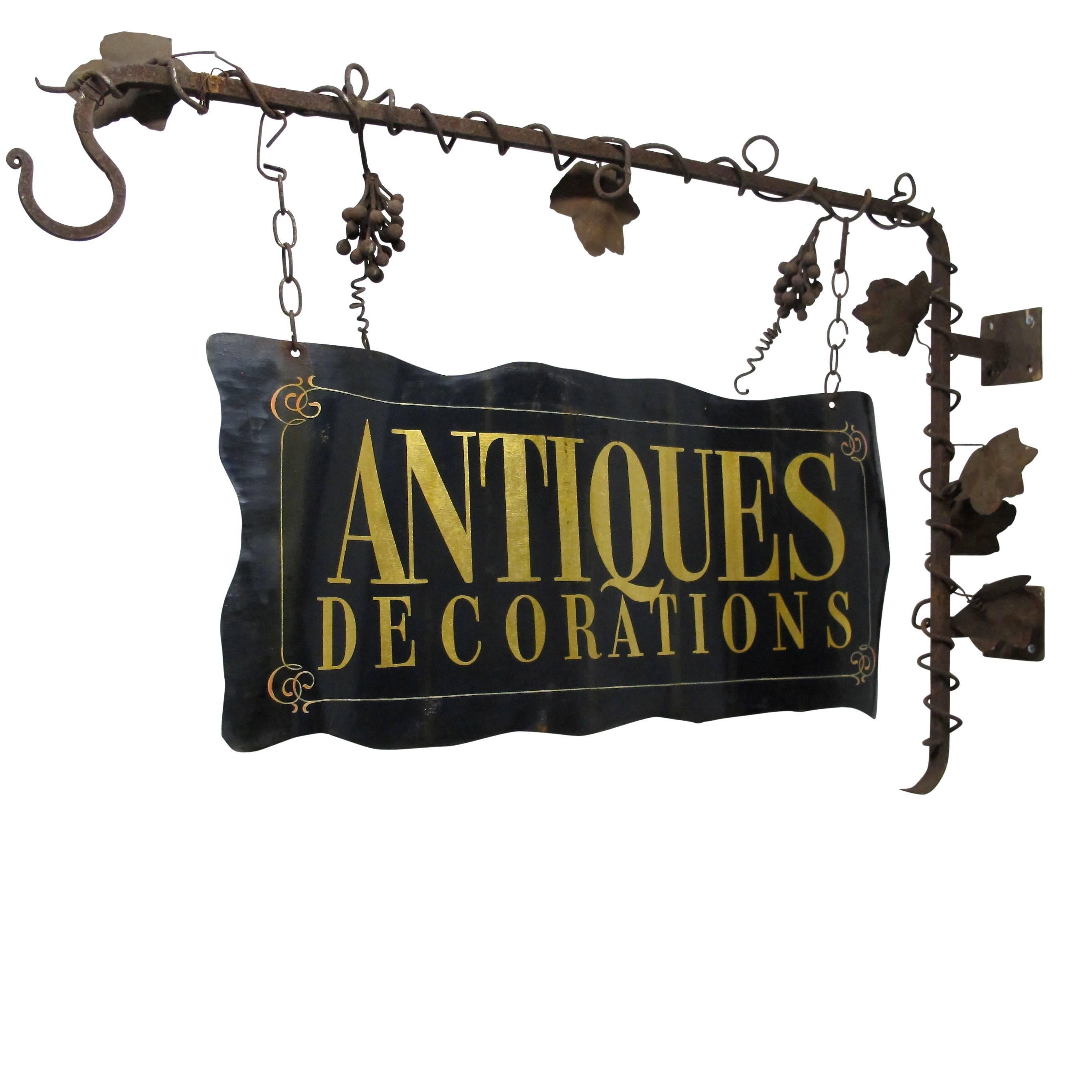 Wrought Iron and Tole Painted Antiques Trade Sign In Excellent Condition In San Francisco, CA