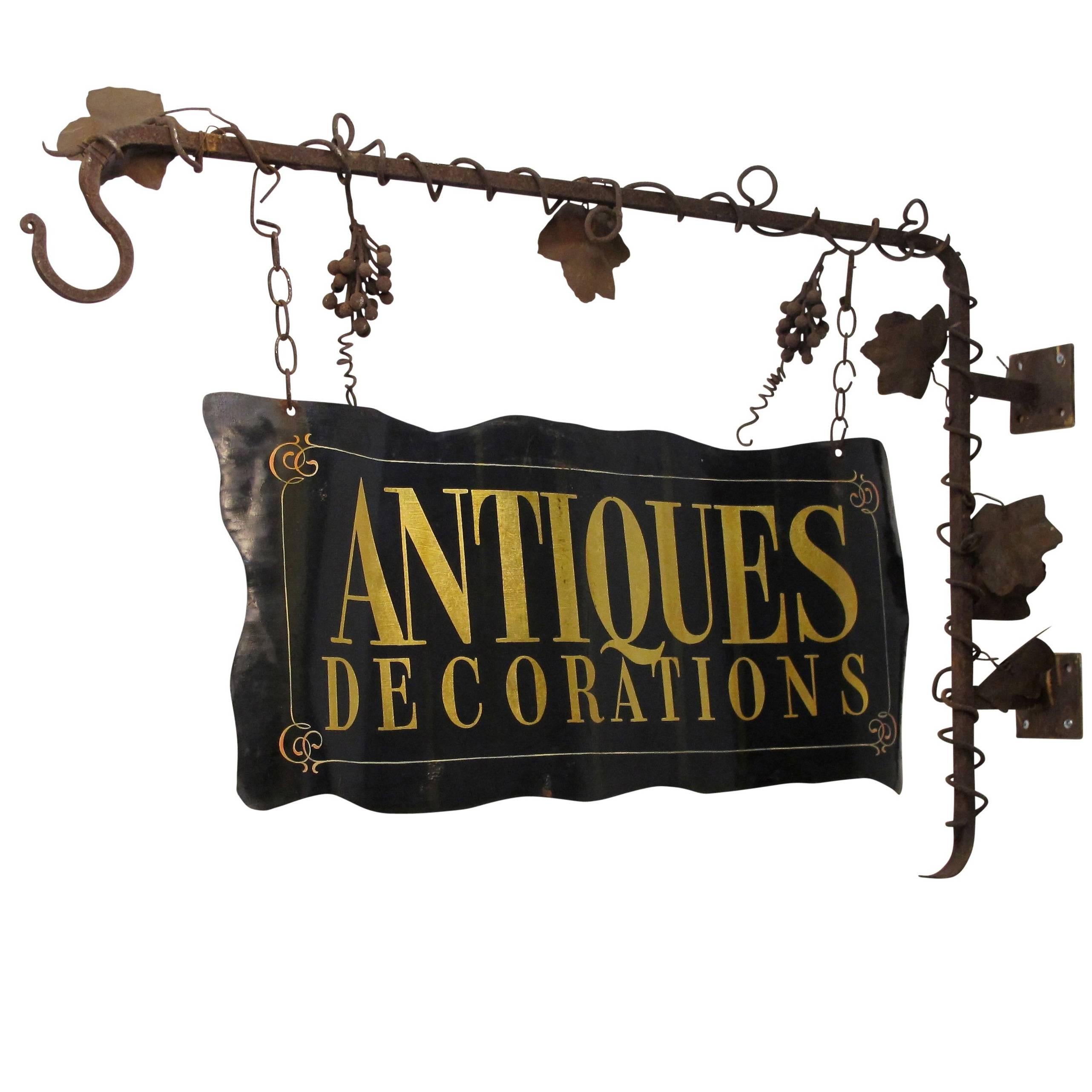 Wrought Iron and Tole Painted Antiques Trade Sign
