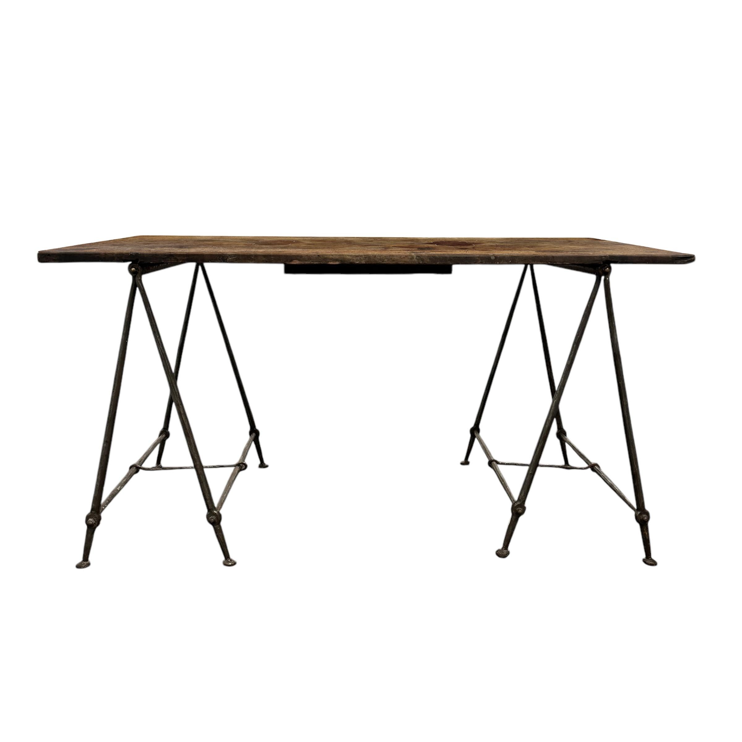 Modern Wrought Iron and Walnut Table For Sale