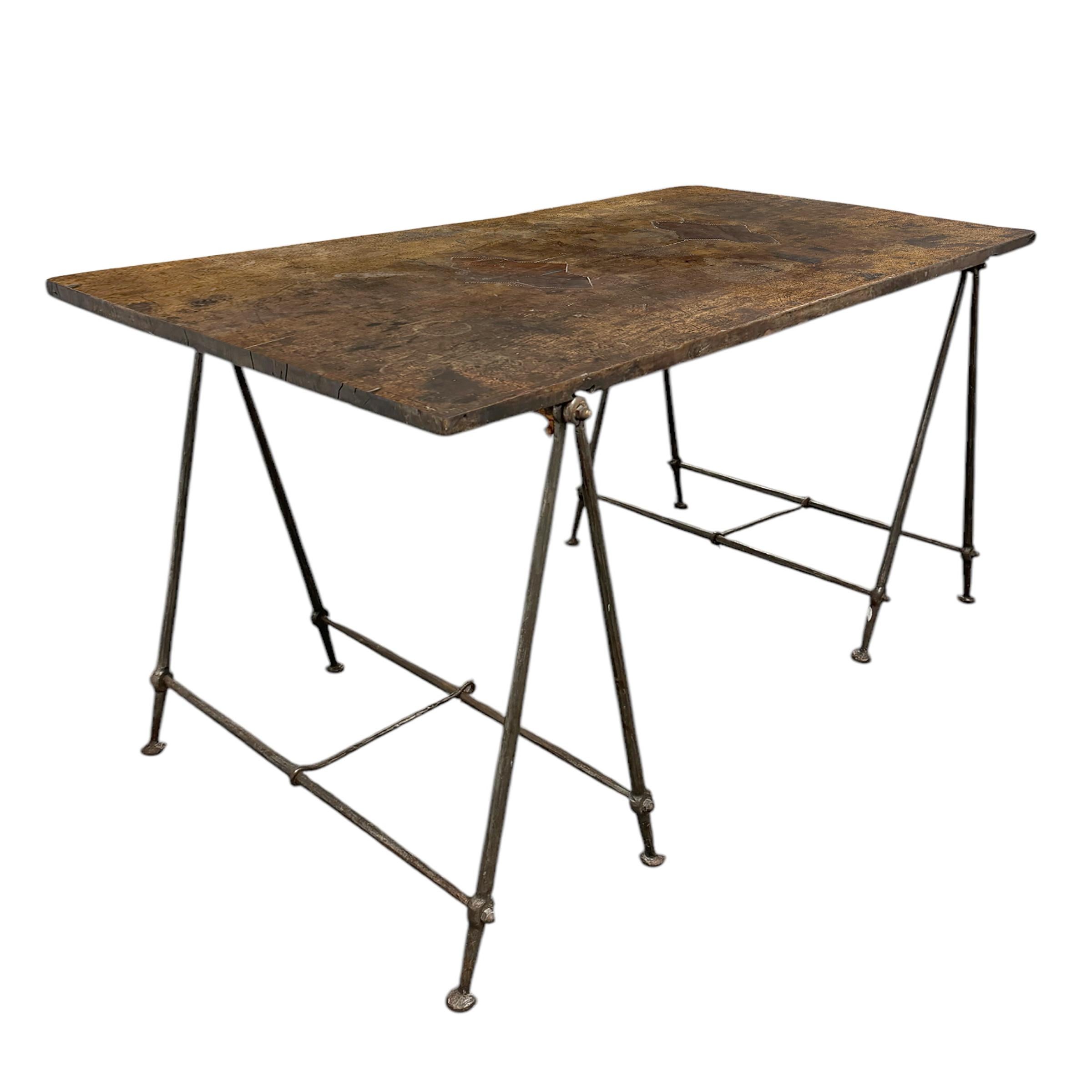 Wrought Iron and Walnut Table In Good Condition For Sale In Chicago, IL