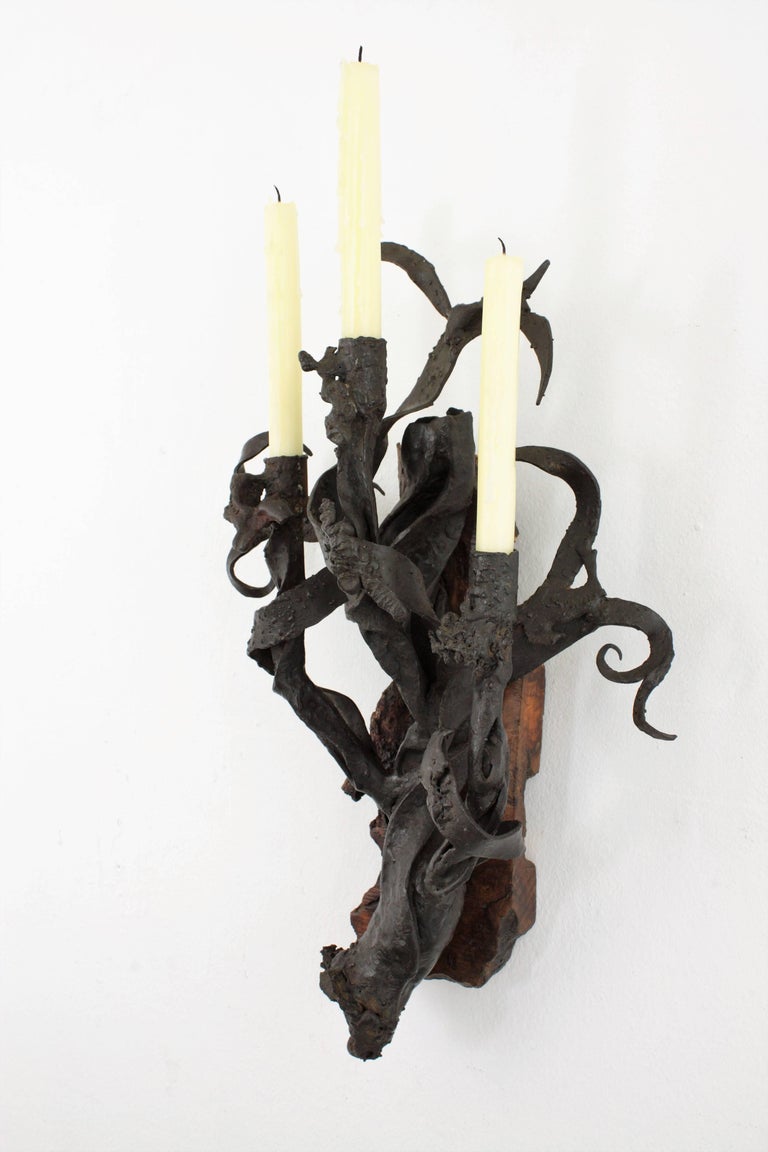 Art Nouveau Wrought Iron and Wood Wall Sconce Candelabra ... Art Nouveau Wrought Iron and Wood Wall Sconce Candelabra ... on Wood And Metal Wall Sconces id=72091