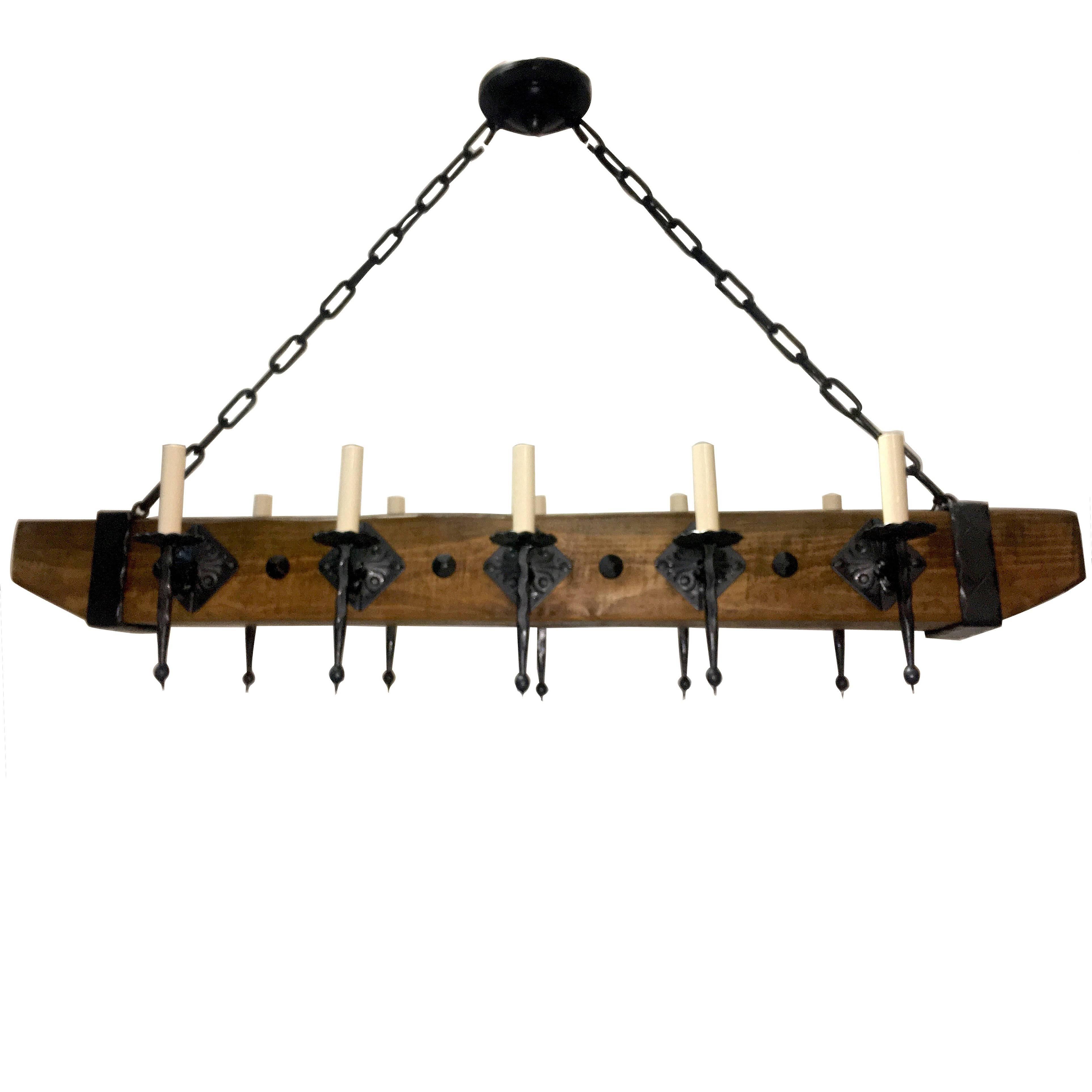 Wrought Iron and Wood Chandelier For Sale