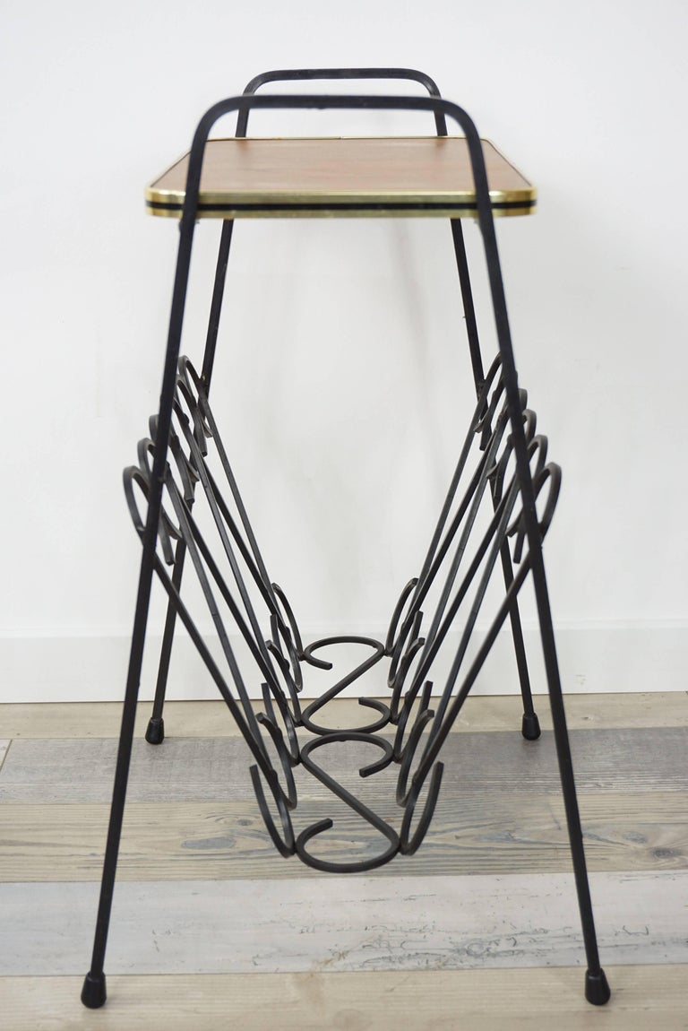 Wrought Iron and Wood Side Table with Magazine Rack from the 1950s For