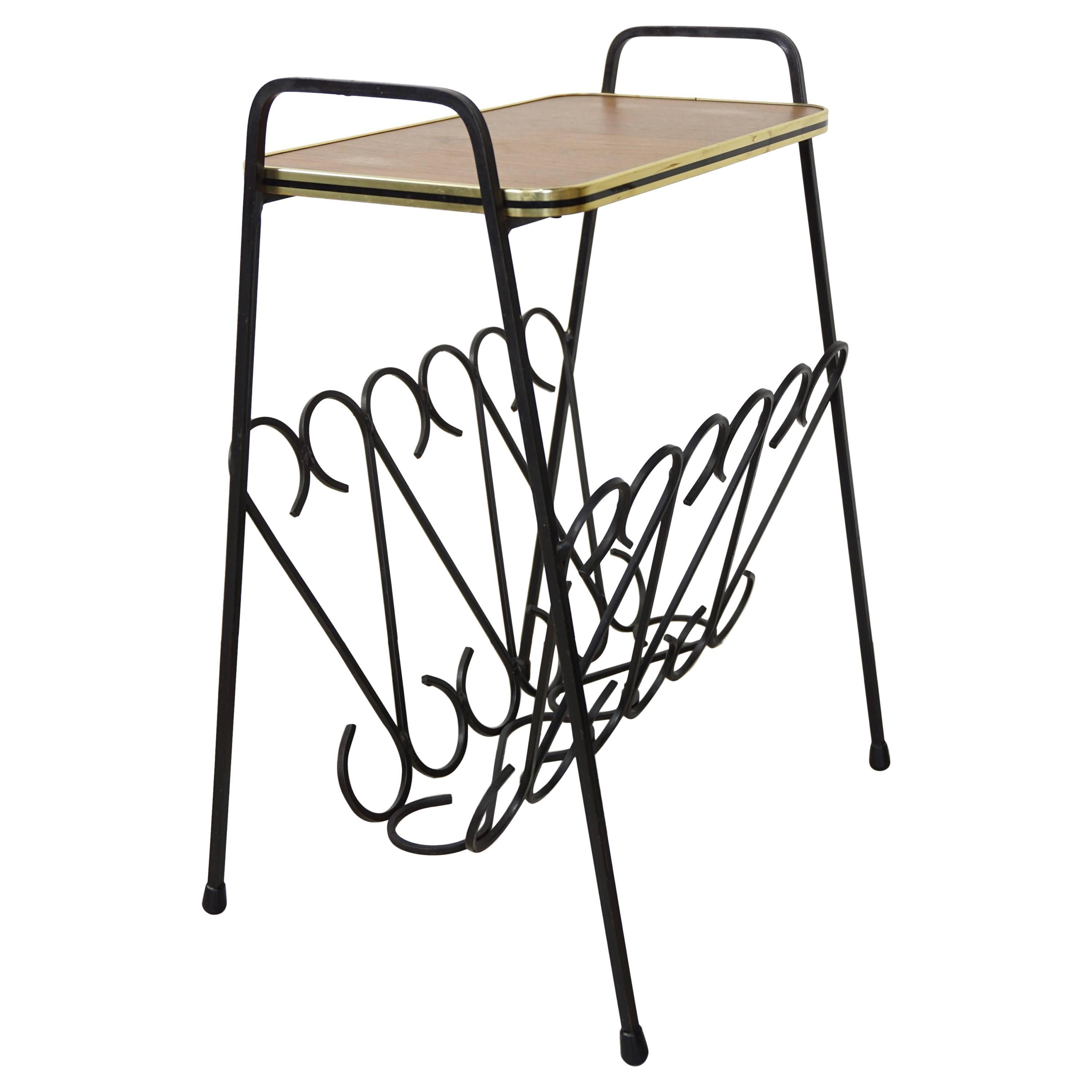 Wrought Iron and Wood Side Table with Magazine Rack from the 1950s