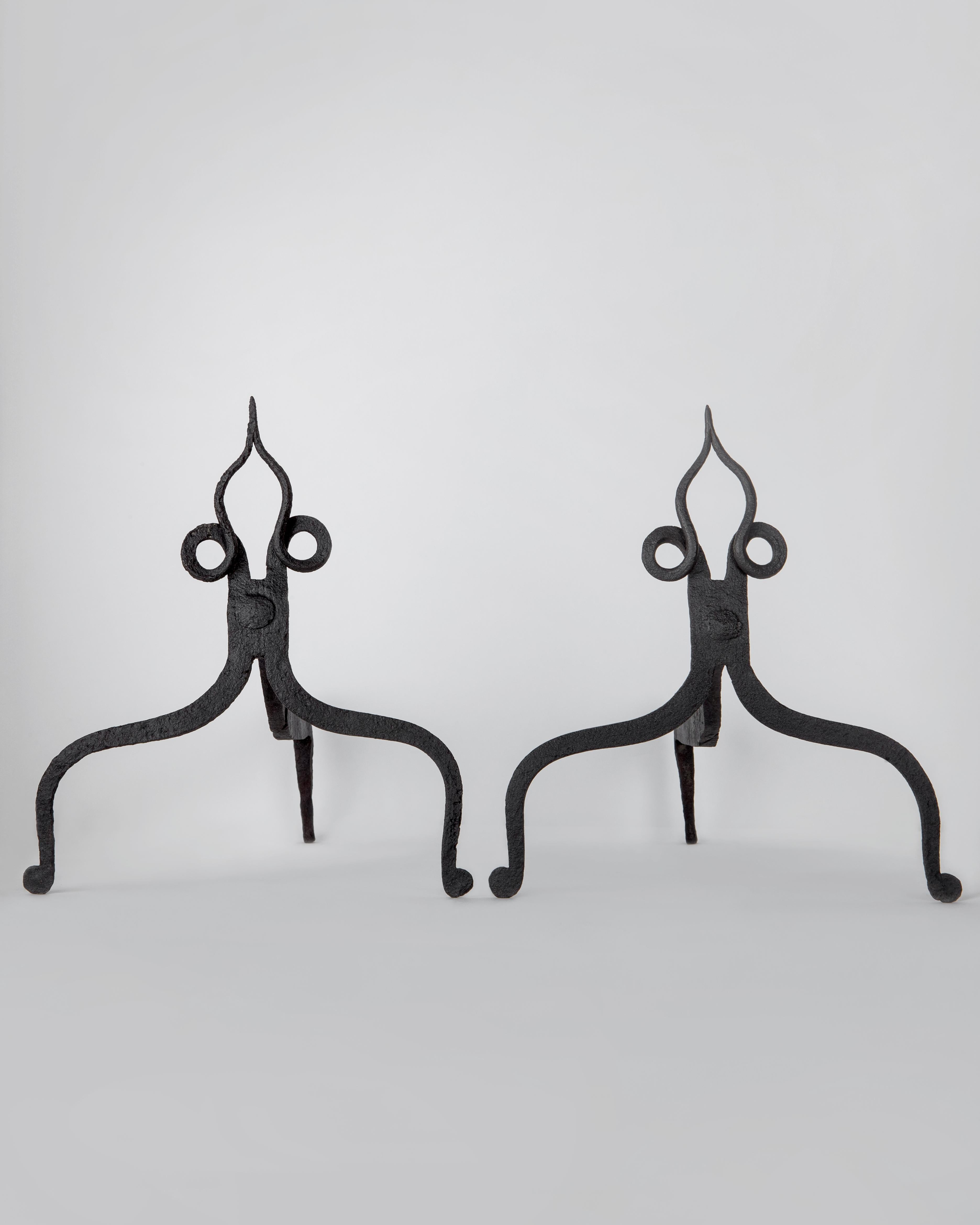Arts and Crafts Rustic Blackened Wrought Iron Andirons, with Spade Shaped Finials, Circa 1920s For Sale