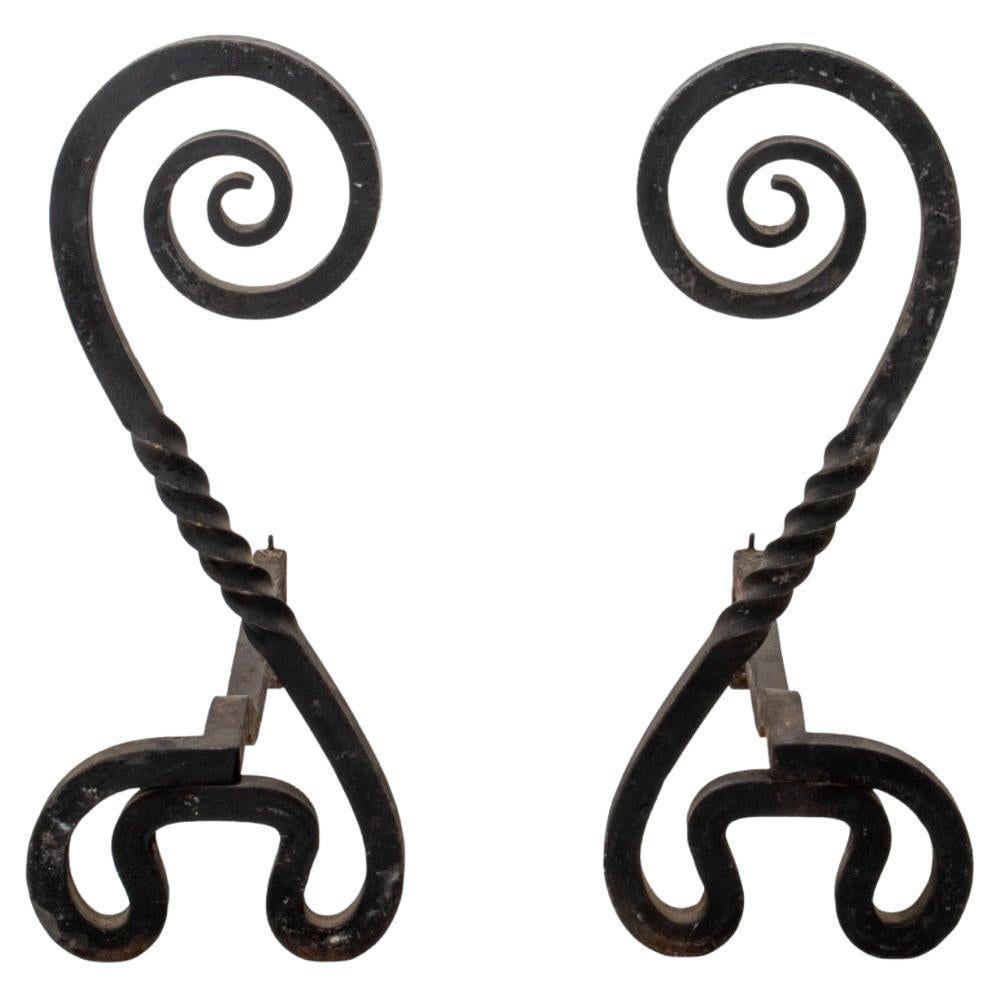 Wrought Iron Andirons, Pair For Sale