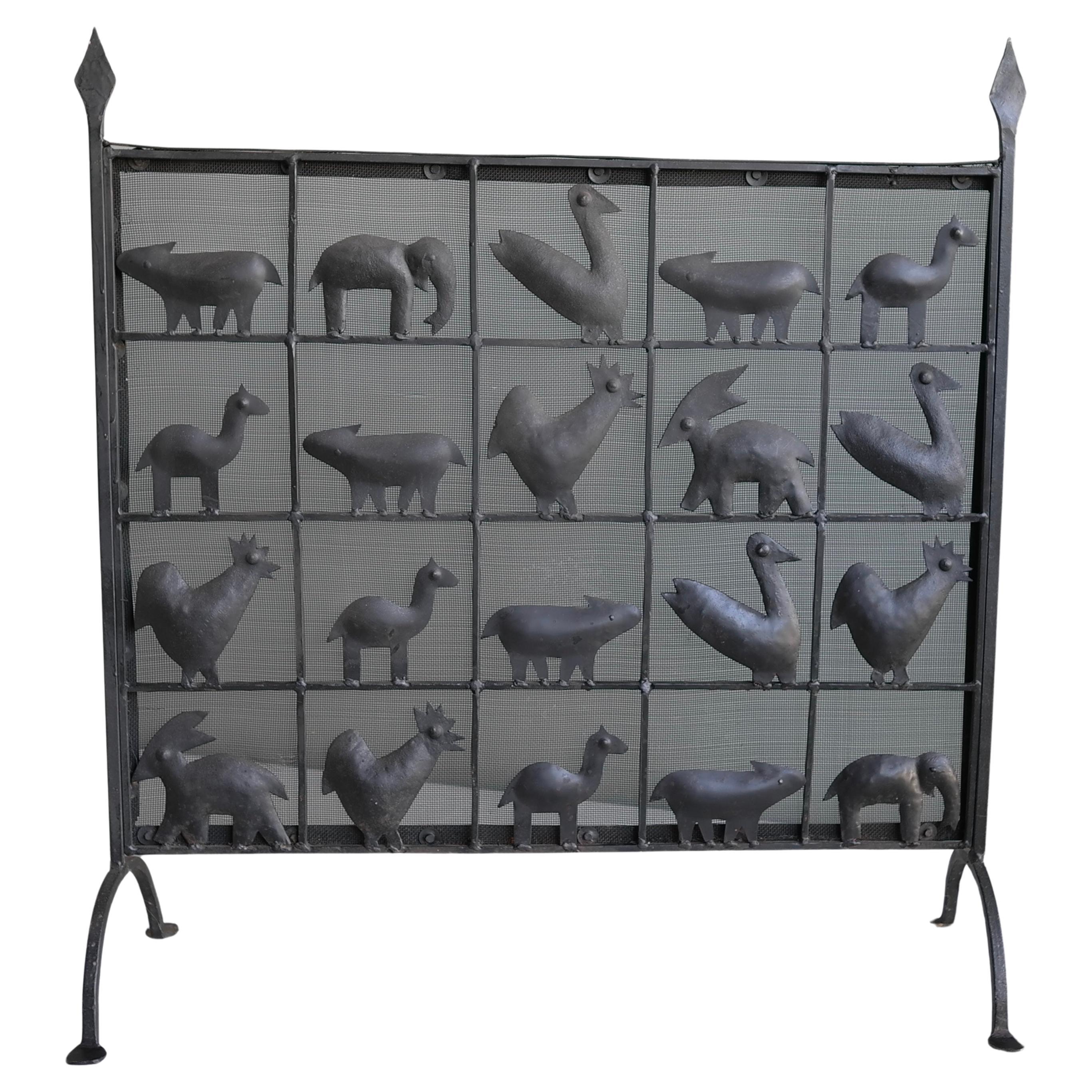 Wrought Iron Animal Fire Screen by Atelier Marolles, France, 1950's For Sale