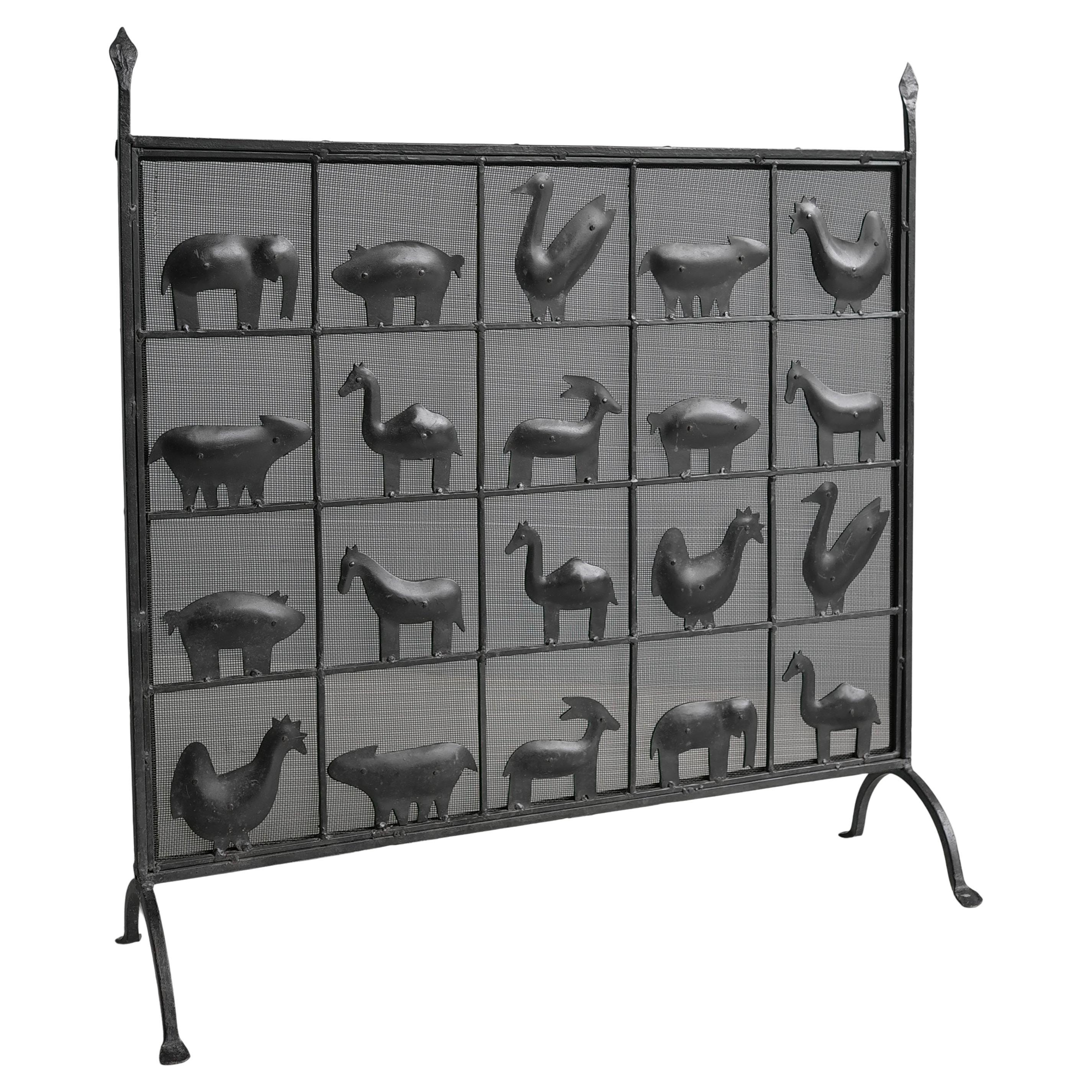 Wrought Iron Animal Fire Screen by Atelier Marolles, France, 1950
s