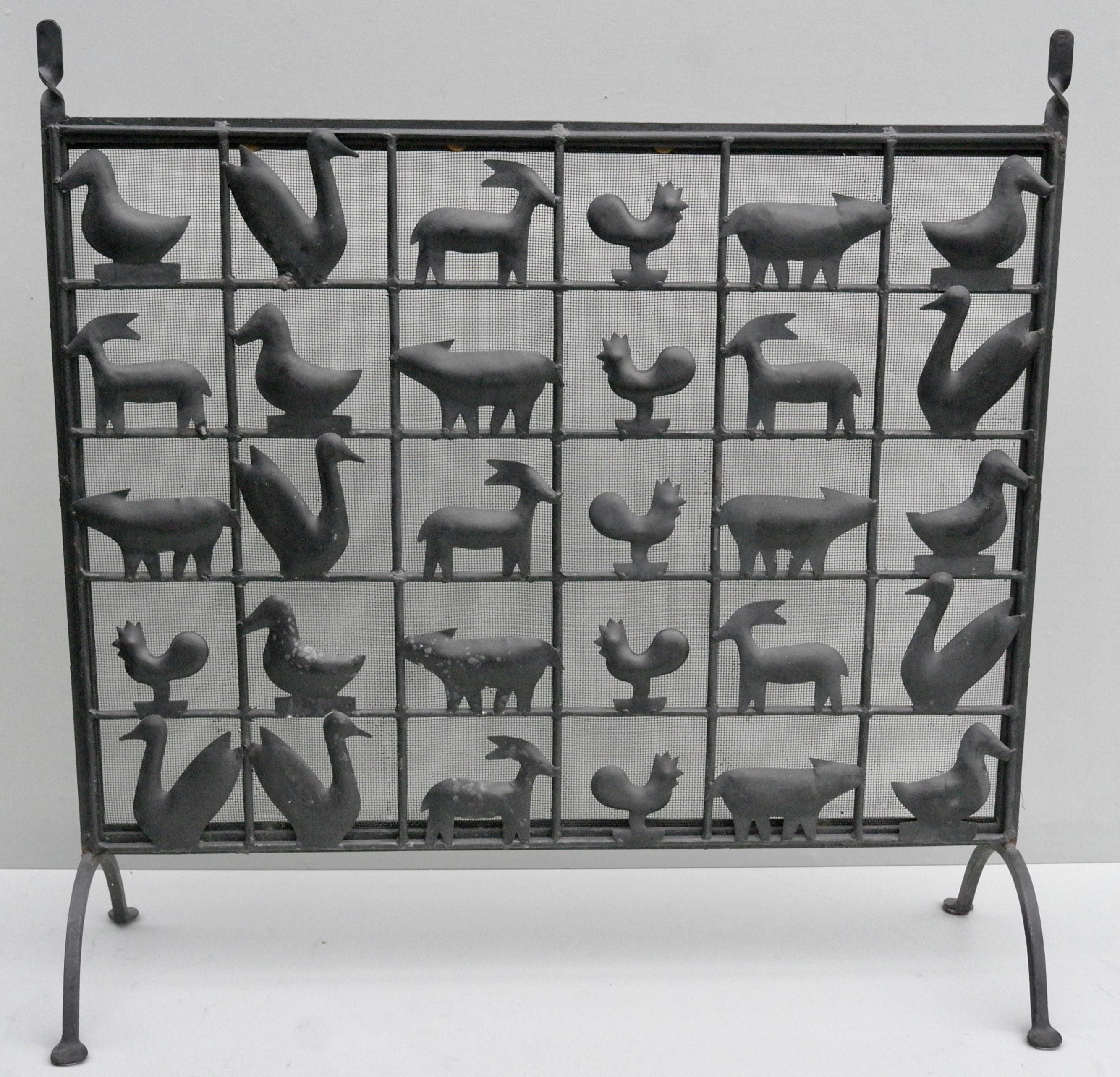 Mid-Century Modern Wrought Iron Animal Fire Screen by Atelier Marolles, France, 1955