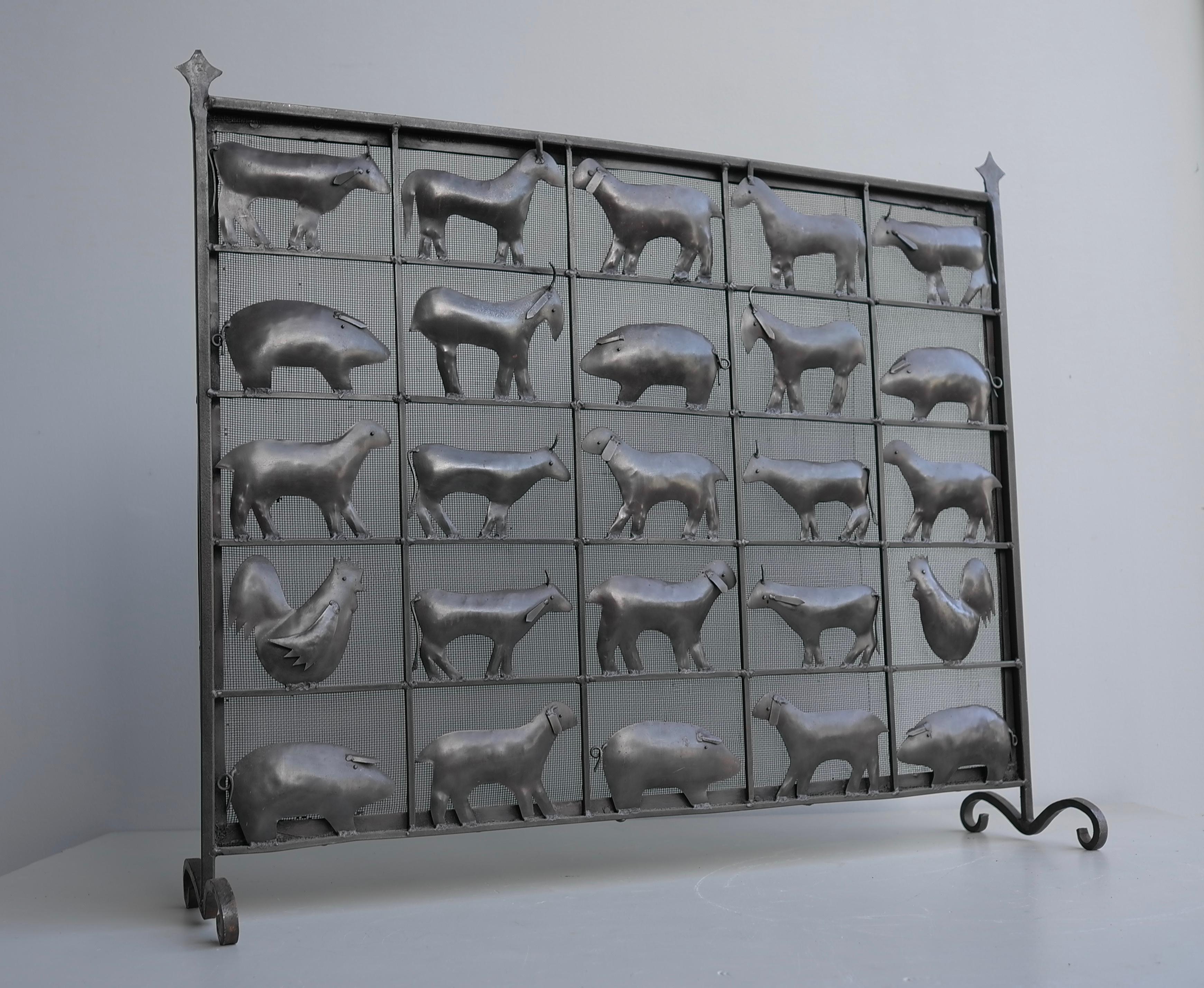 Mid-Century Modern Wrought Iron Animal Fire Screen by Atelier Marolles, France, 1955