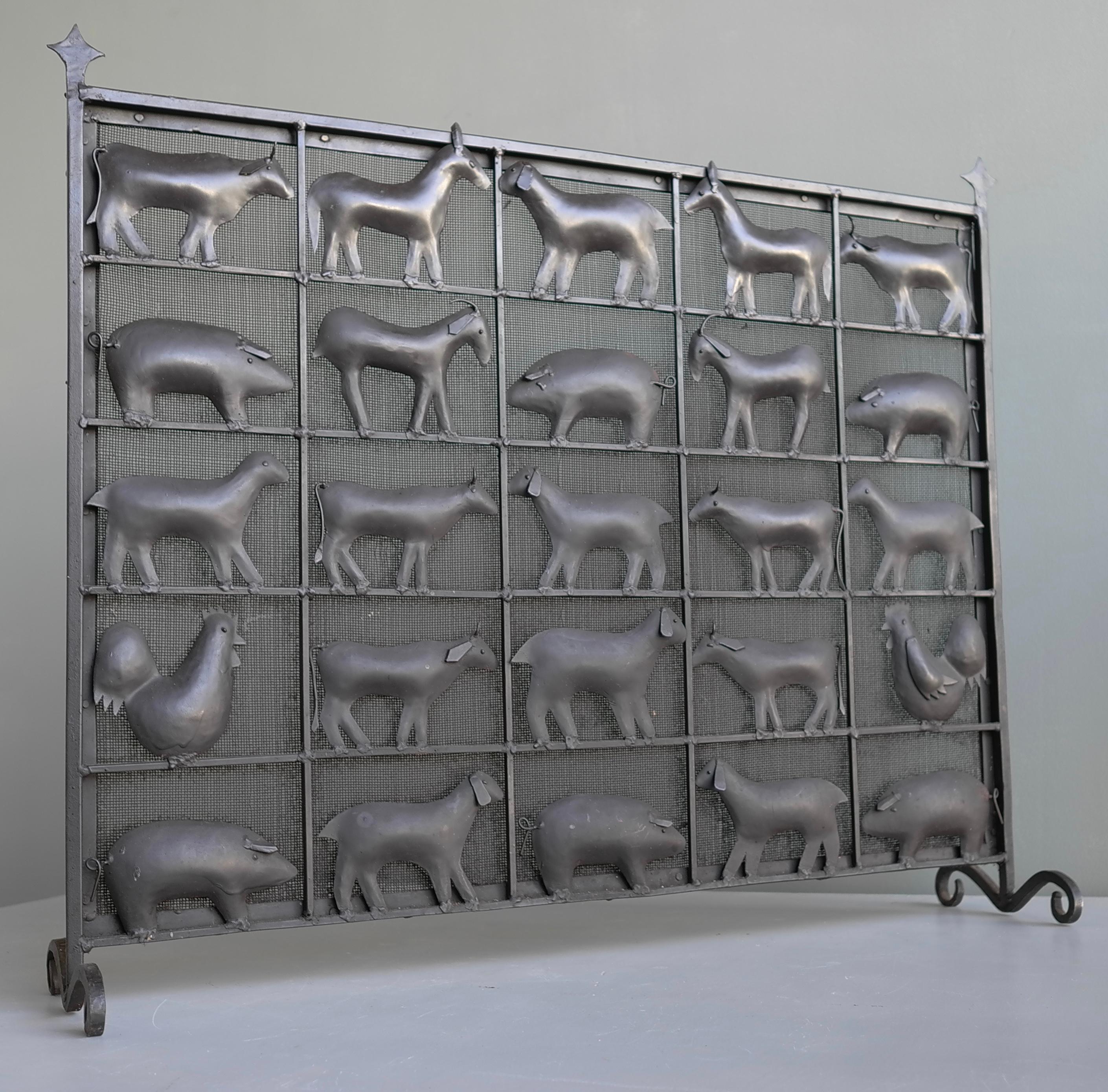 20th Century Wrought Iron Animal Fire Screen by Atelier Marolles, France, 1955 For Sale