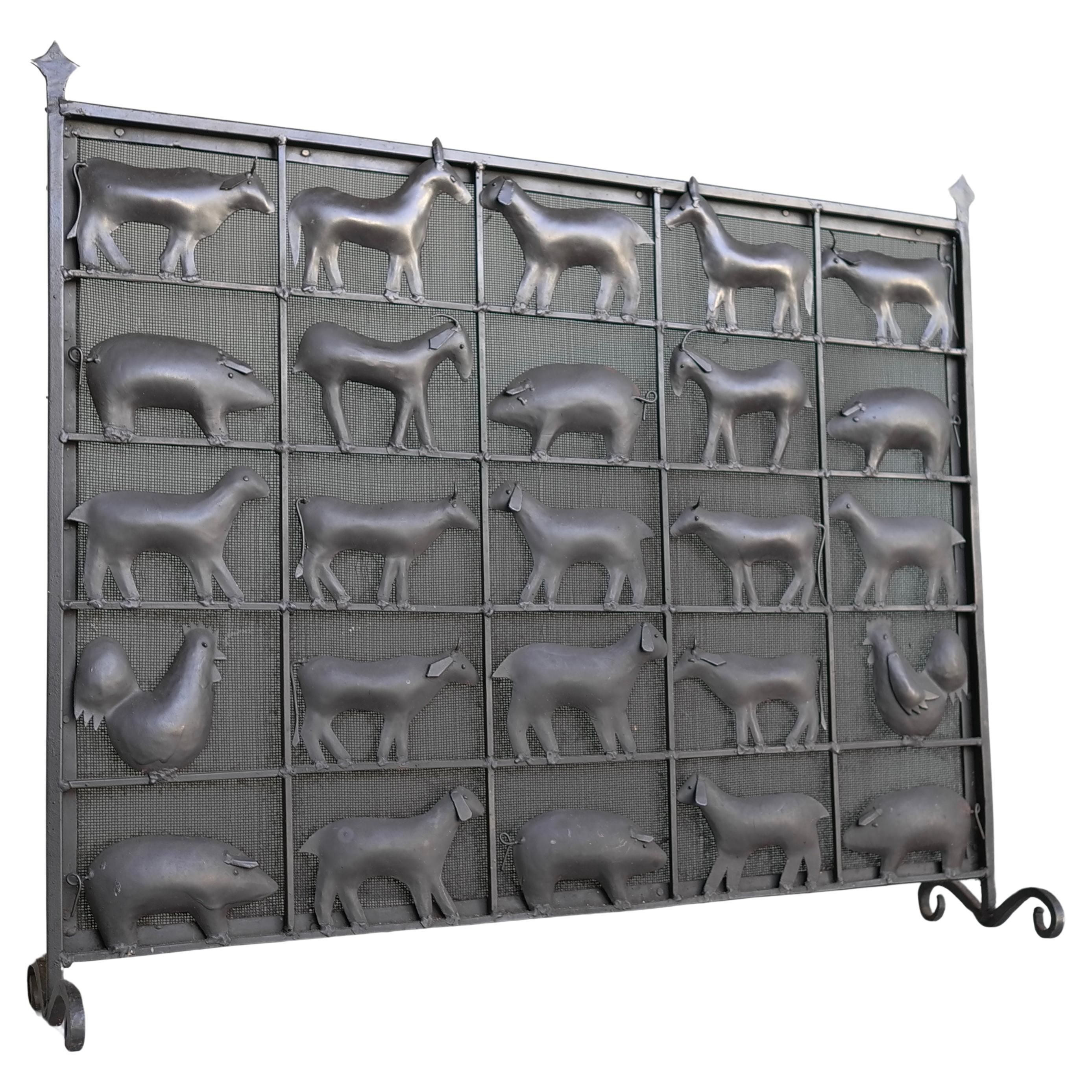 Wrought Iron Animal Fire Screen by Atelier Marolles, France, 1955 For Sale