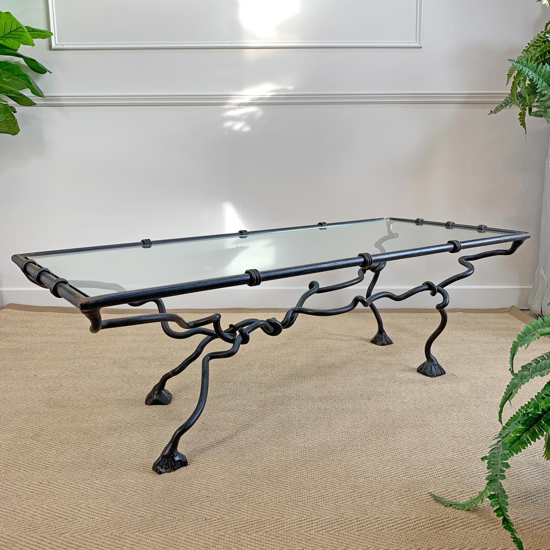 British Wrought Iron Animalistic Glass Top Coffee Table For Sale