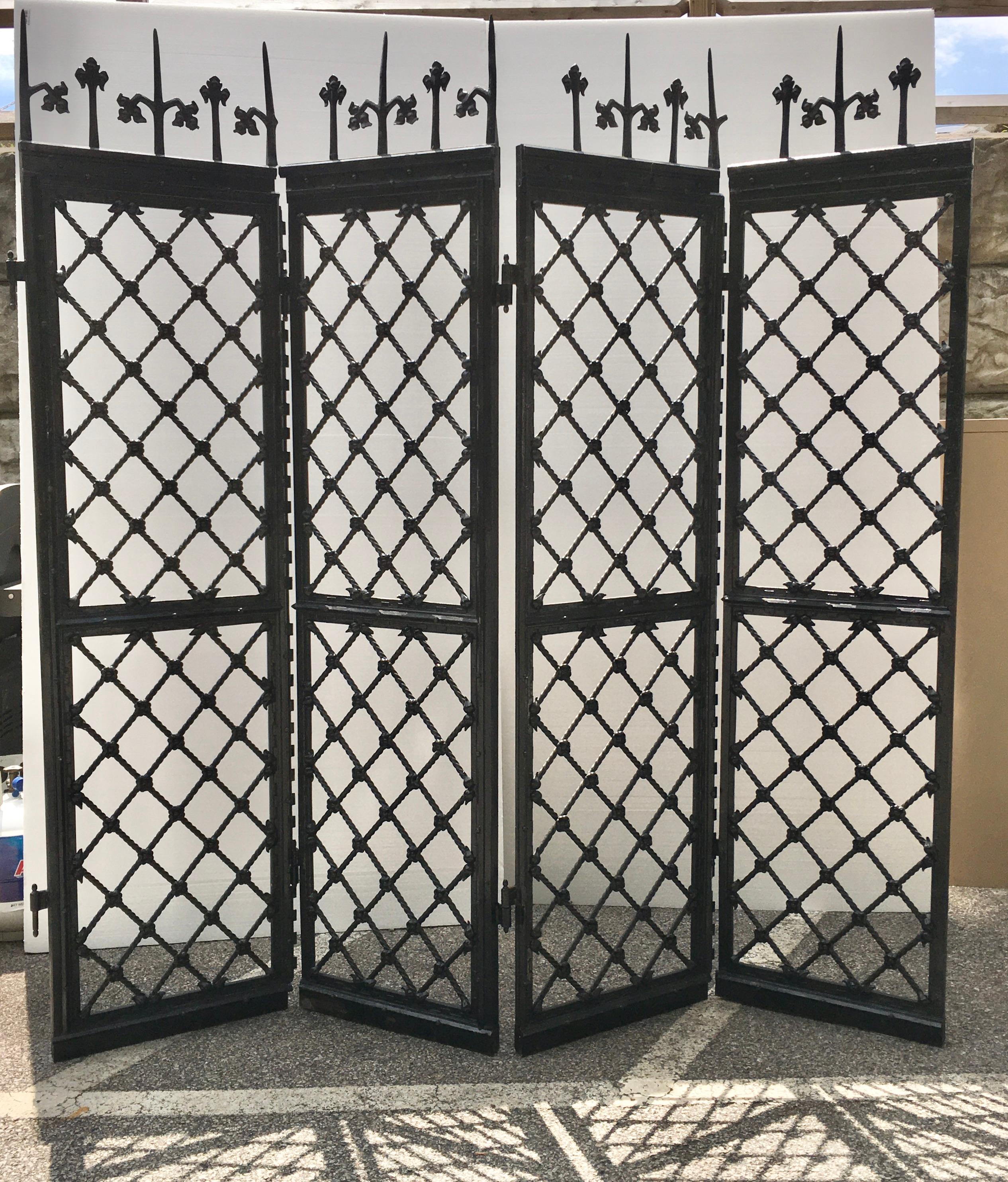 Gothic Revival Wrought Iron Architectural Four-Panel Screen