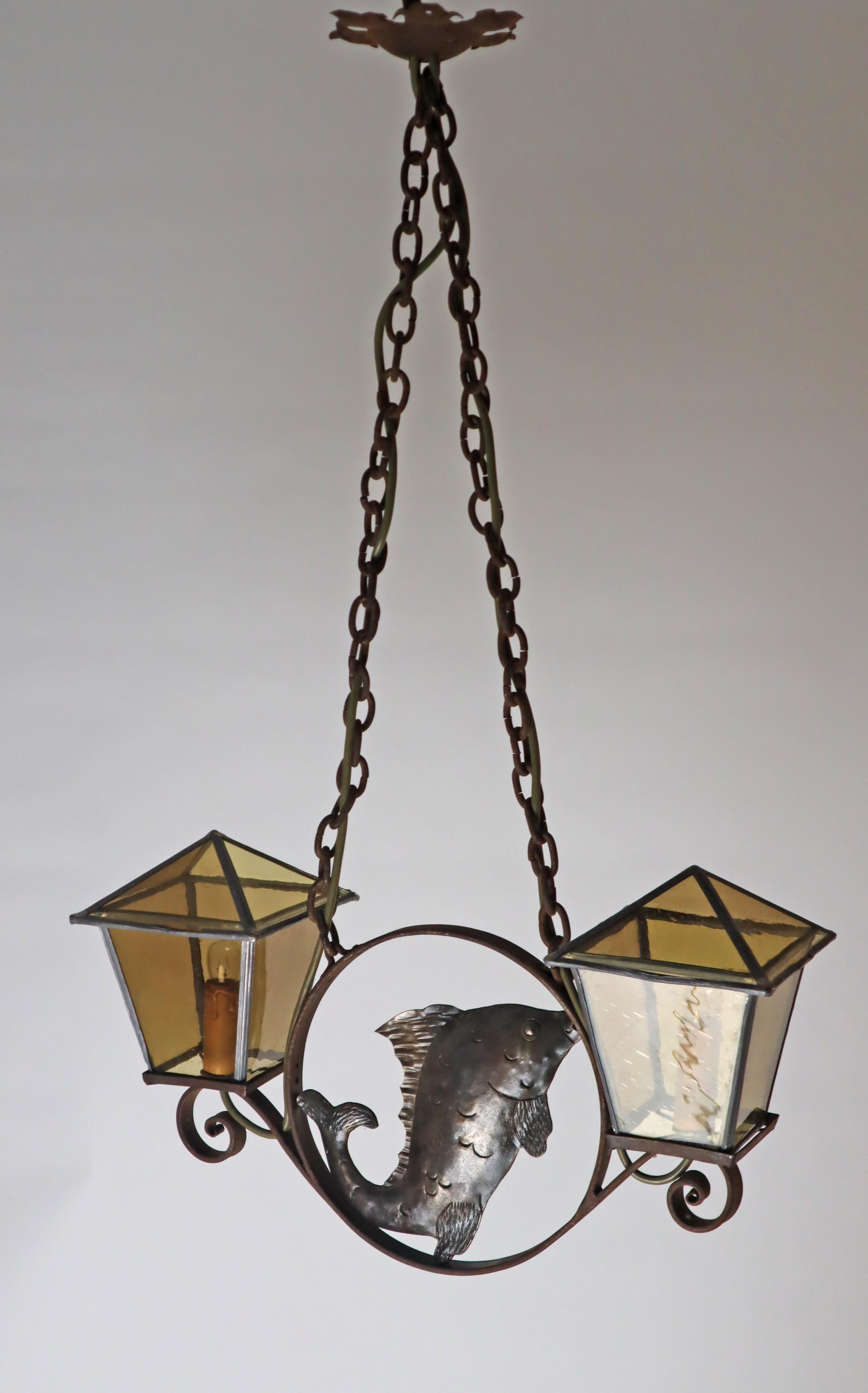 Wrought iron Art & Craft Pendant Lamp with a Fish and Leaded Glass Germany 1920s For Sale 3