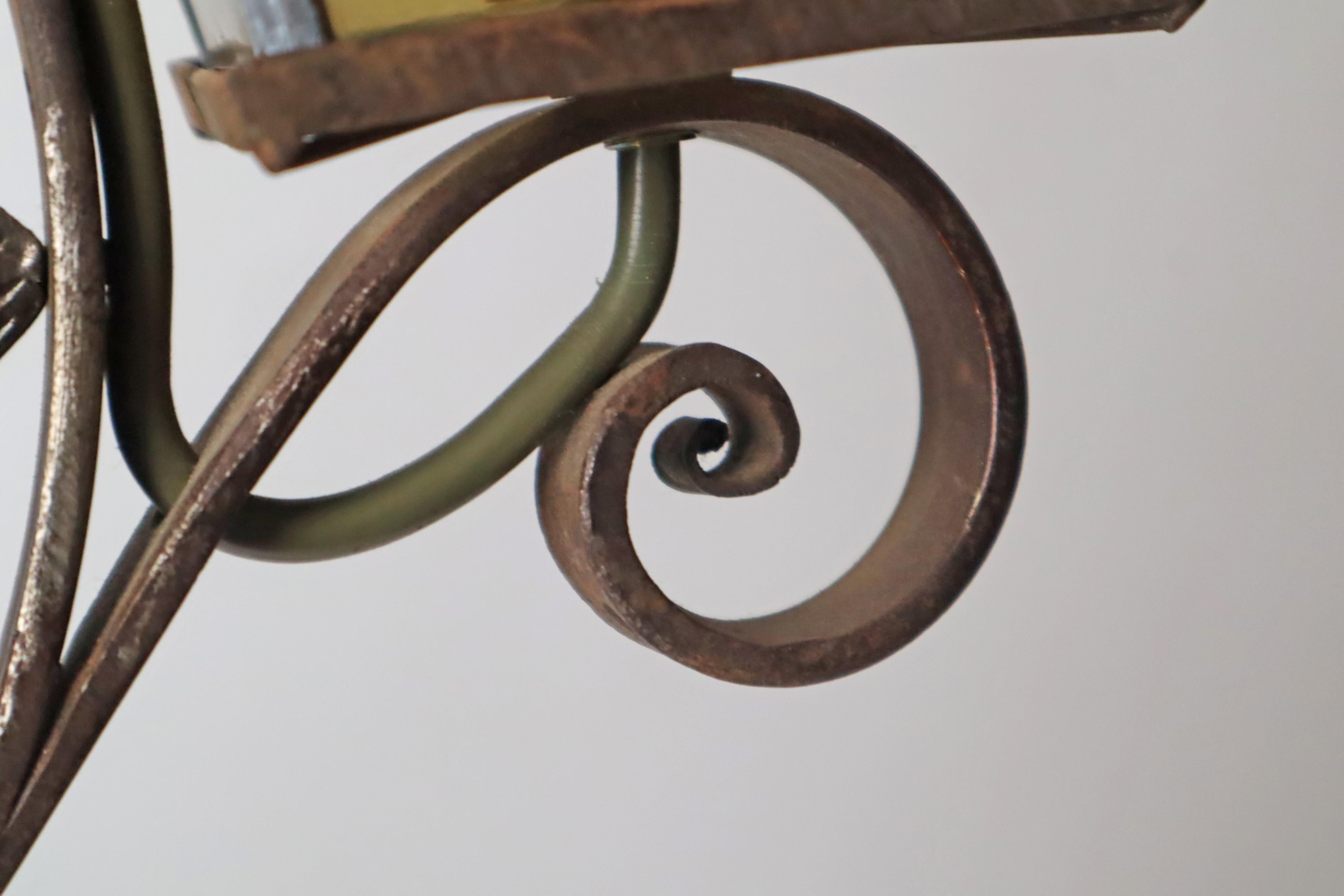 Wrought Iron Art & Craft Pendant Lamp with a Fish and Leaded Glass Germany 1920s For Sale 3