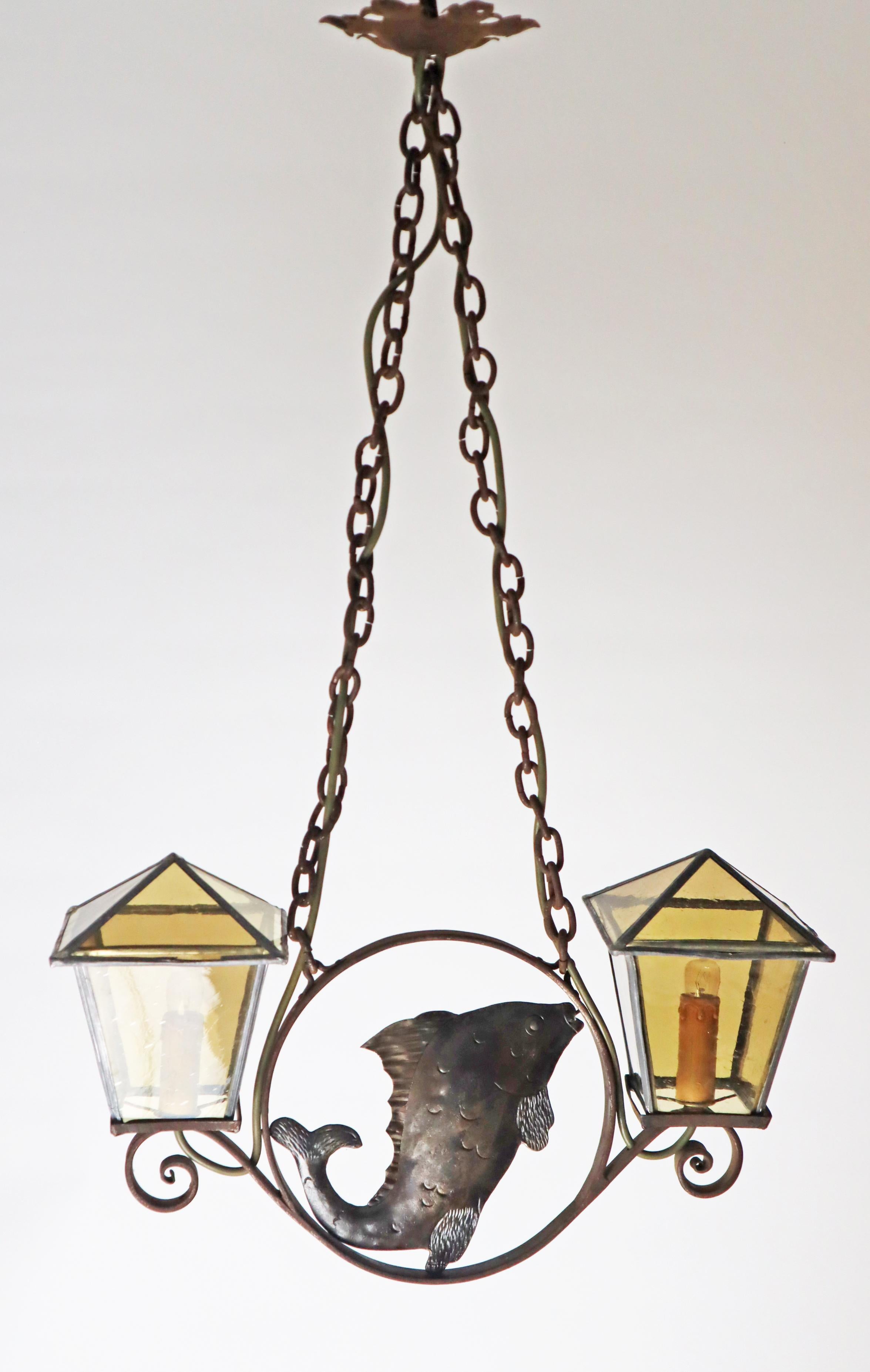 Wrought iron Art & Craft Pendant Lamp with a Fish and Leaded Glass Germany 1920s For Sale 4