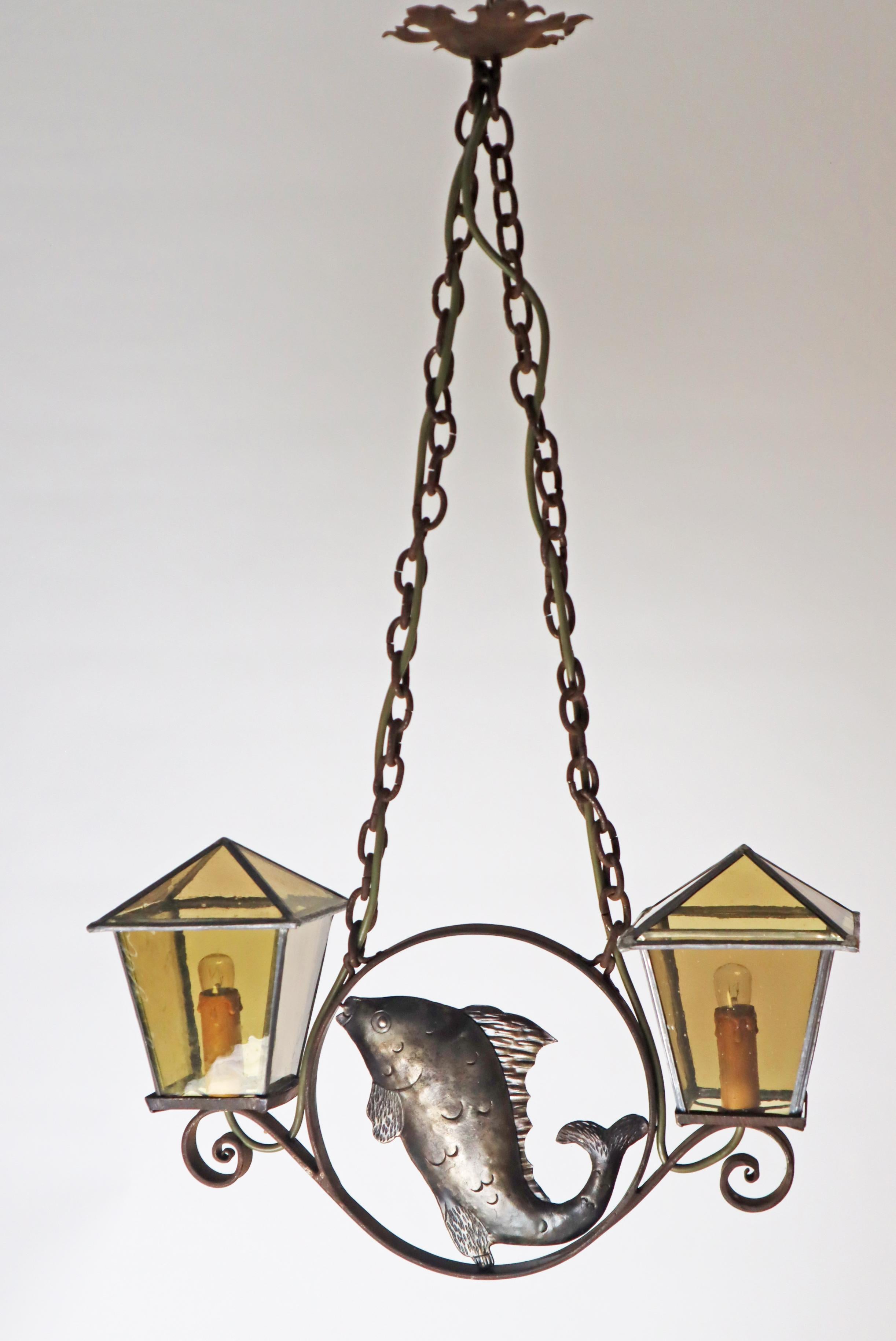Wrought iron Art & Craft Pendant Lamp with a Fish and Leaded Glass Germany 1920s For Sale 5