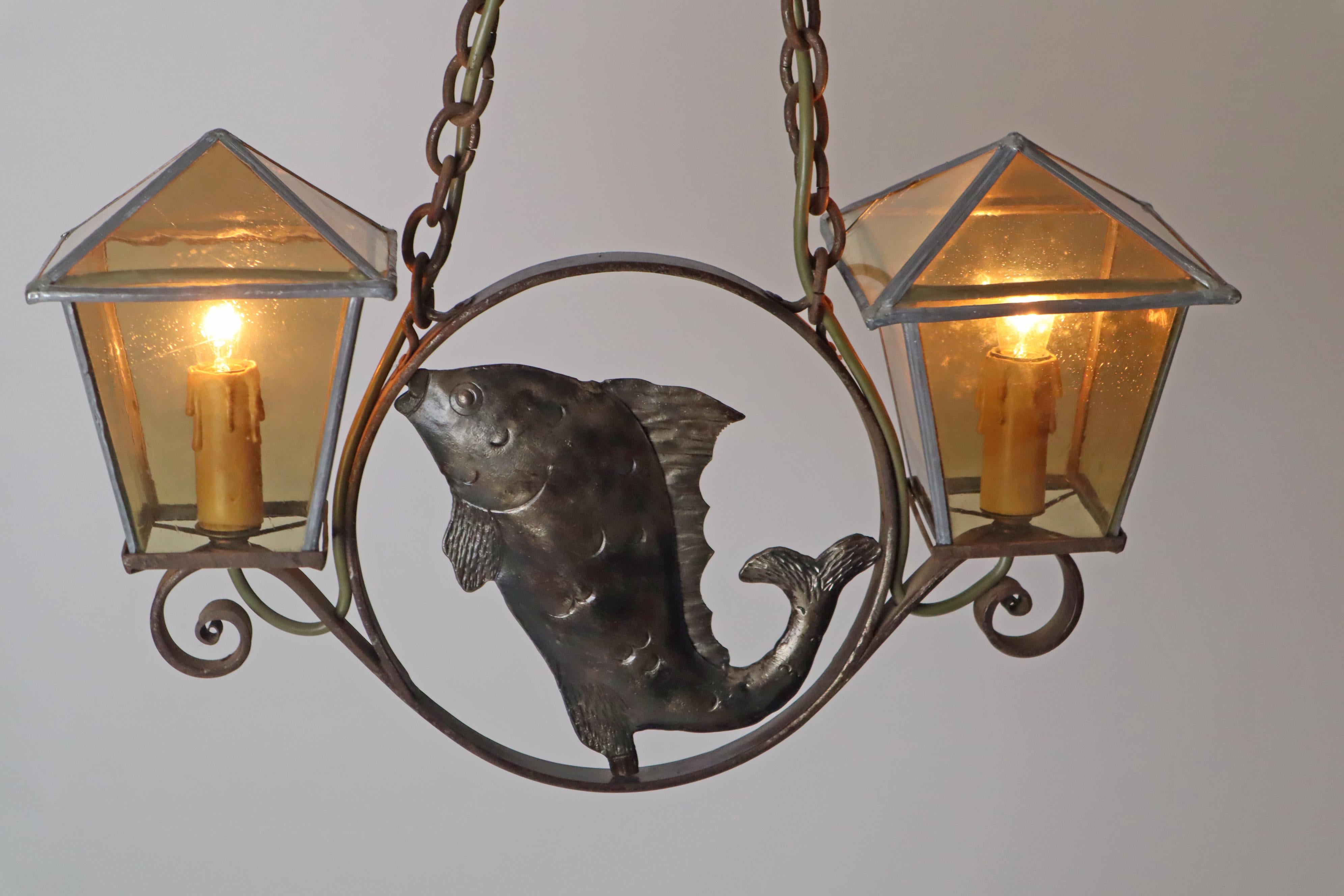 Wrought Iron Art & Craft Pendant Lamp with a Fish and Leaded Glass Germany 1920s For Sale 5
