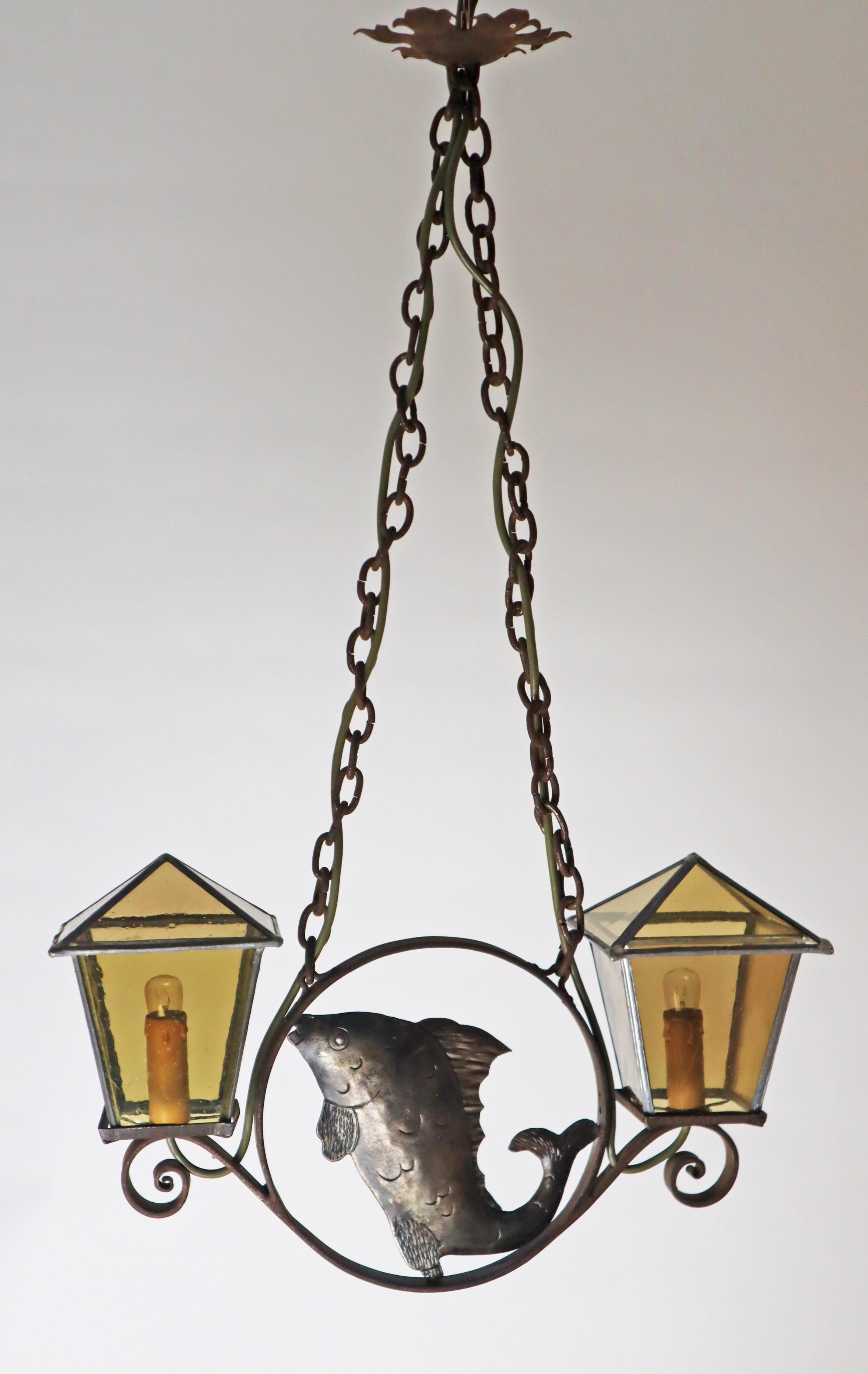 Wrought iron Art & Craft Pendant Lamp with a Fish and Leaded Glass Germany 1920s For Sale 6