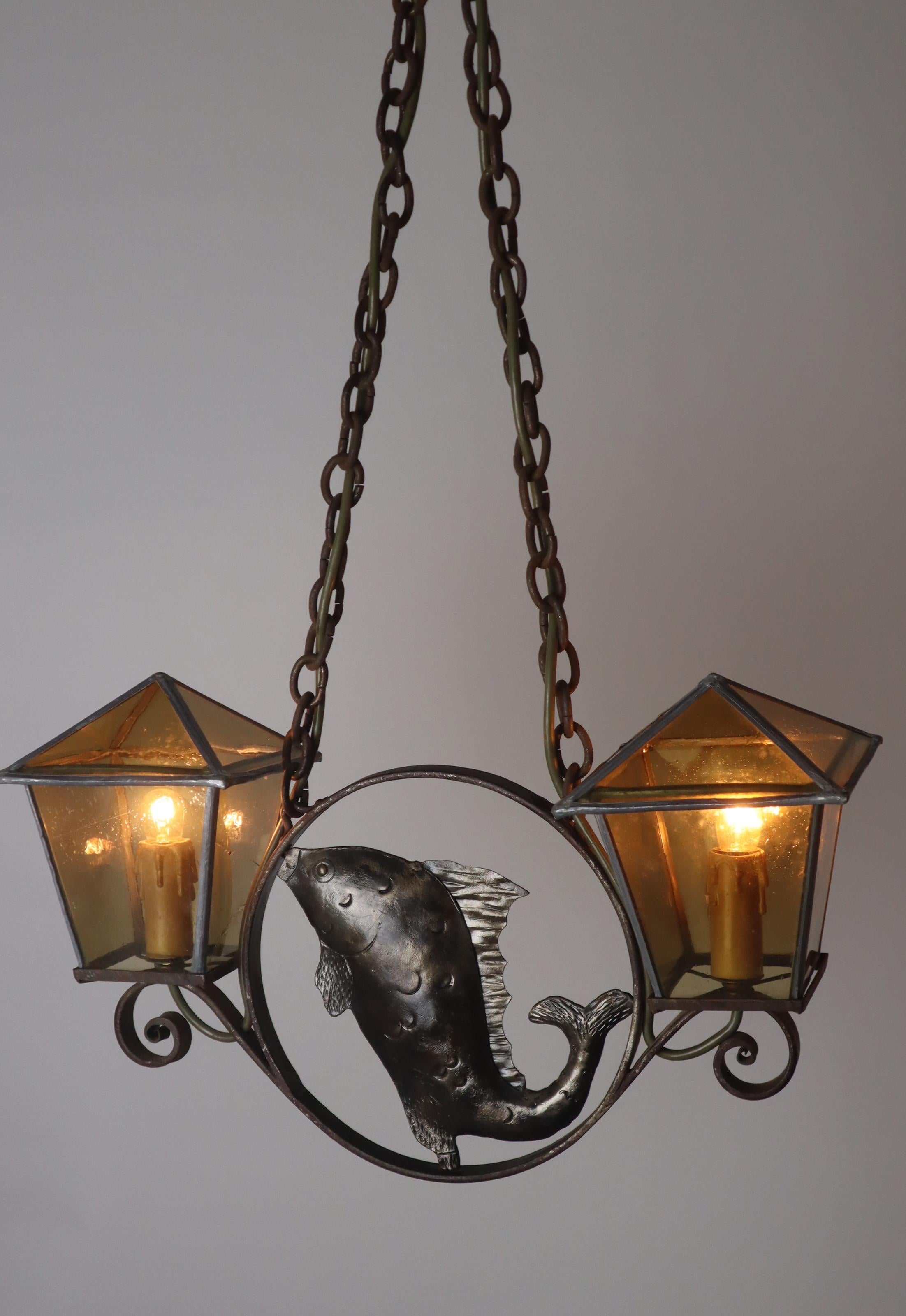 Wrought Iron Art & Craft Pendant Lamp with a Fish and Leaded Glass Germany 1920s For Sale 6