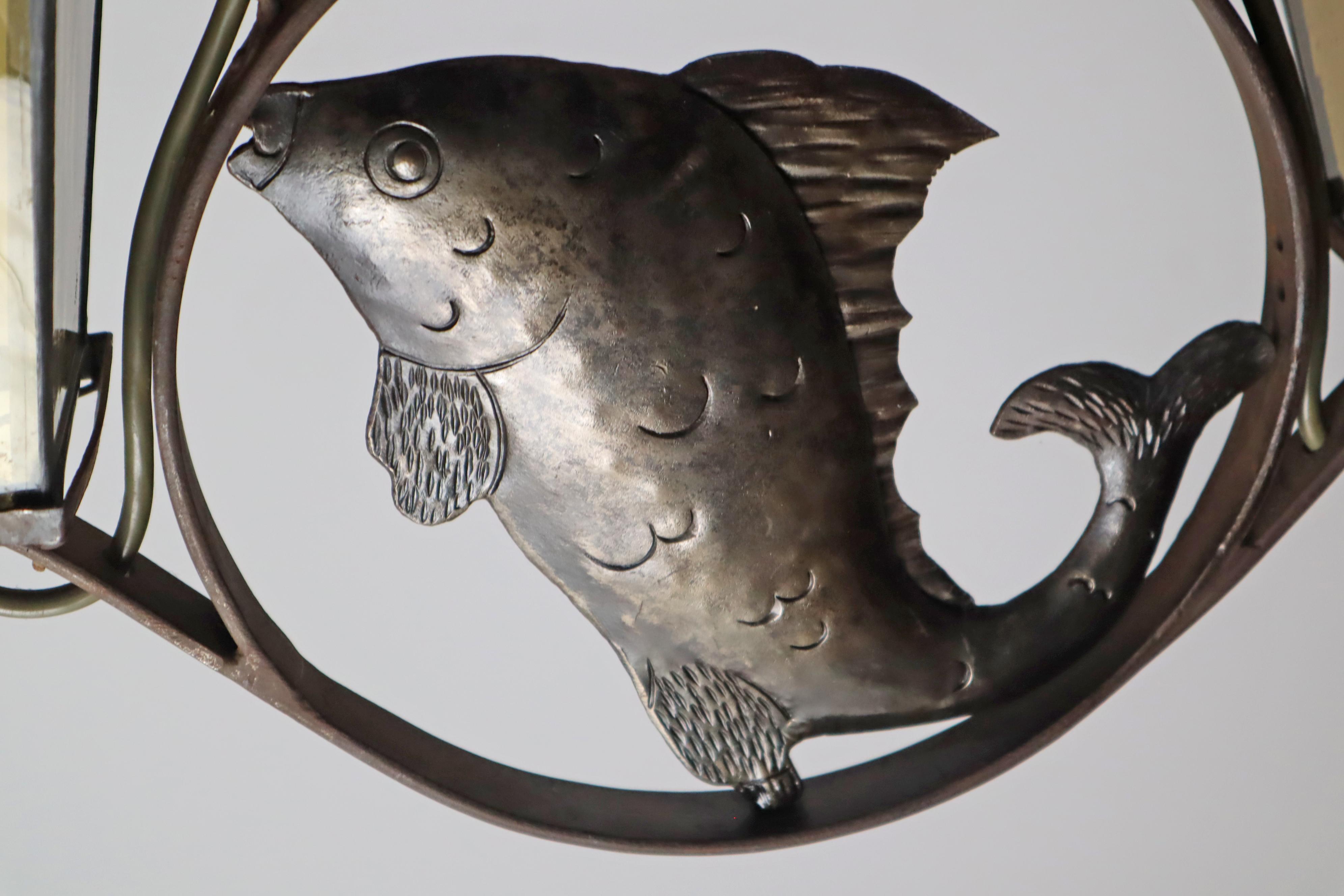 Wrought iron Art & Craft Pendant Lamp with a Fish and Leaded Glass Germany 1920s For Sale 8
