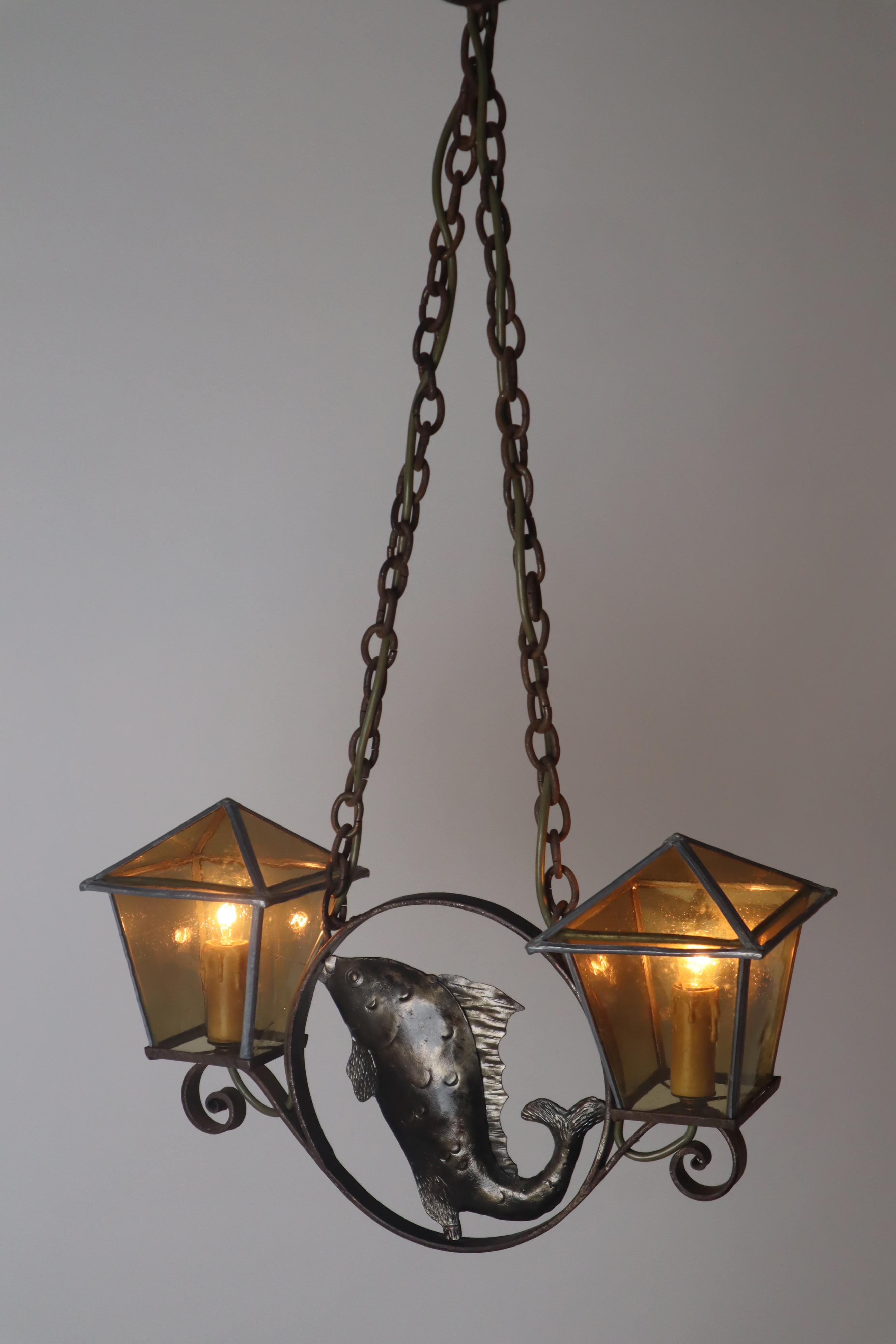 Wrought Iron Art & Craft Pendant Lamp with a Fish and Leaded Glass Germany 1920s For Sale 9