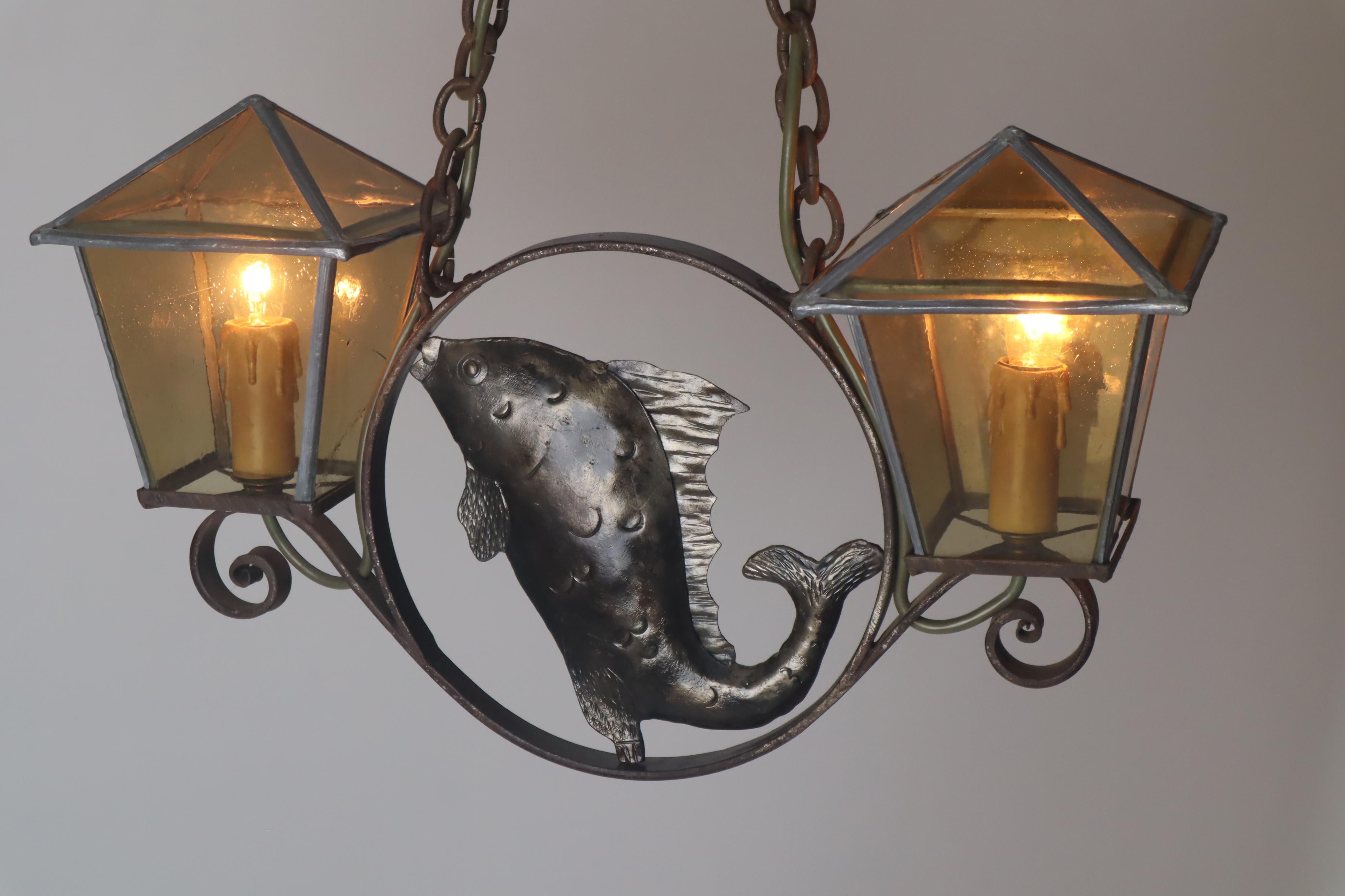 Wrought Iron Art & Craft Pendant Lamp with a Fish and Leaded Glass Germany 1920s For Sale 11