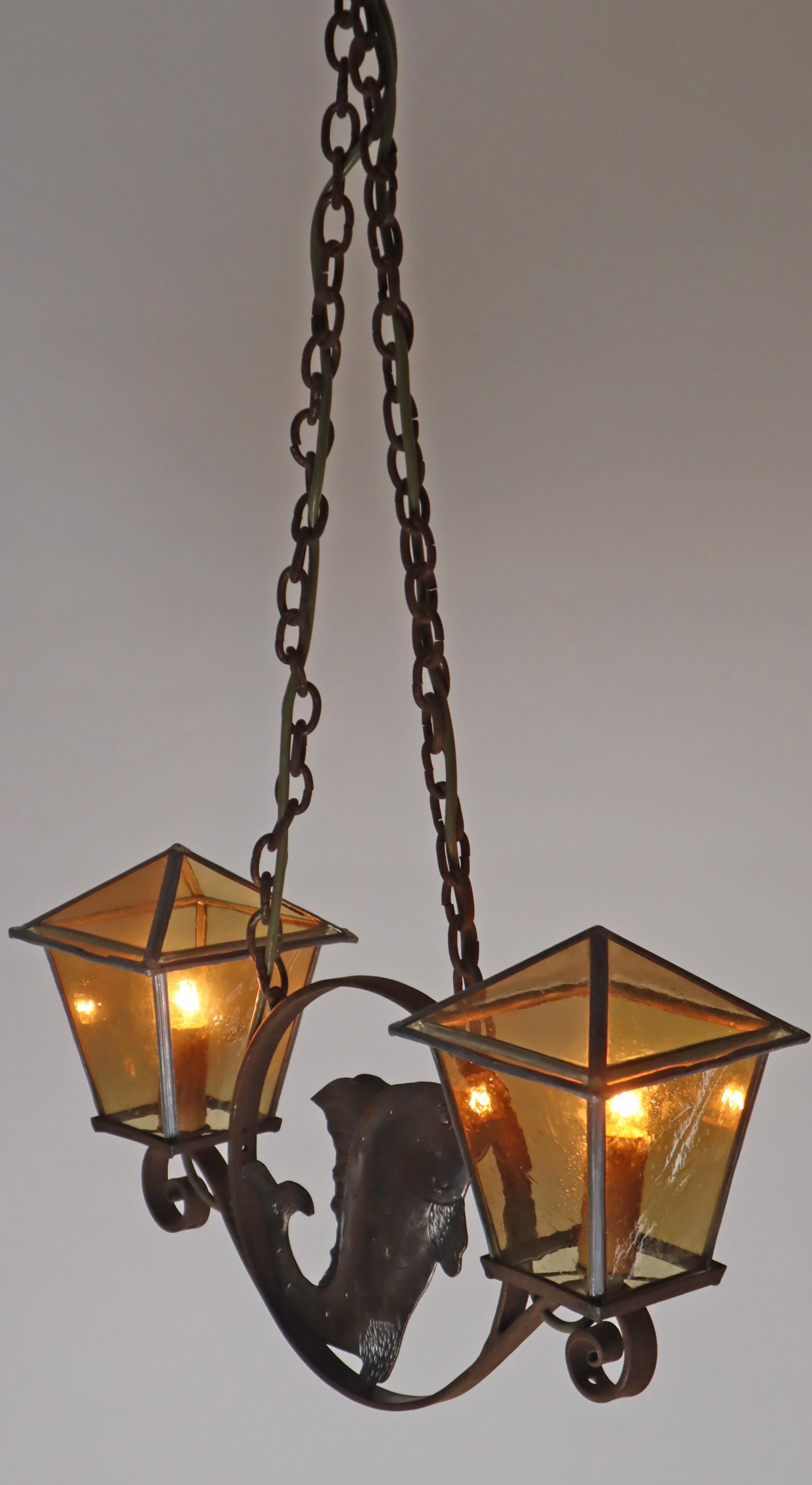 Arts and Crafts Wrought iron Art & Craft Pendant Lamp with a Fish and Leaded Glass Germany 1920s For Sale