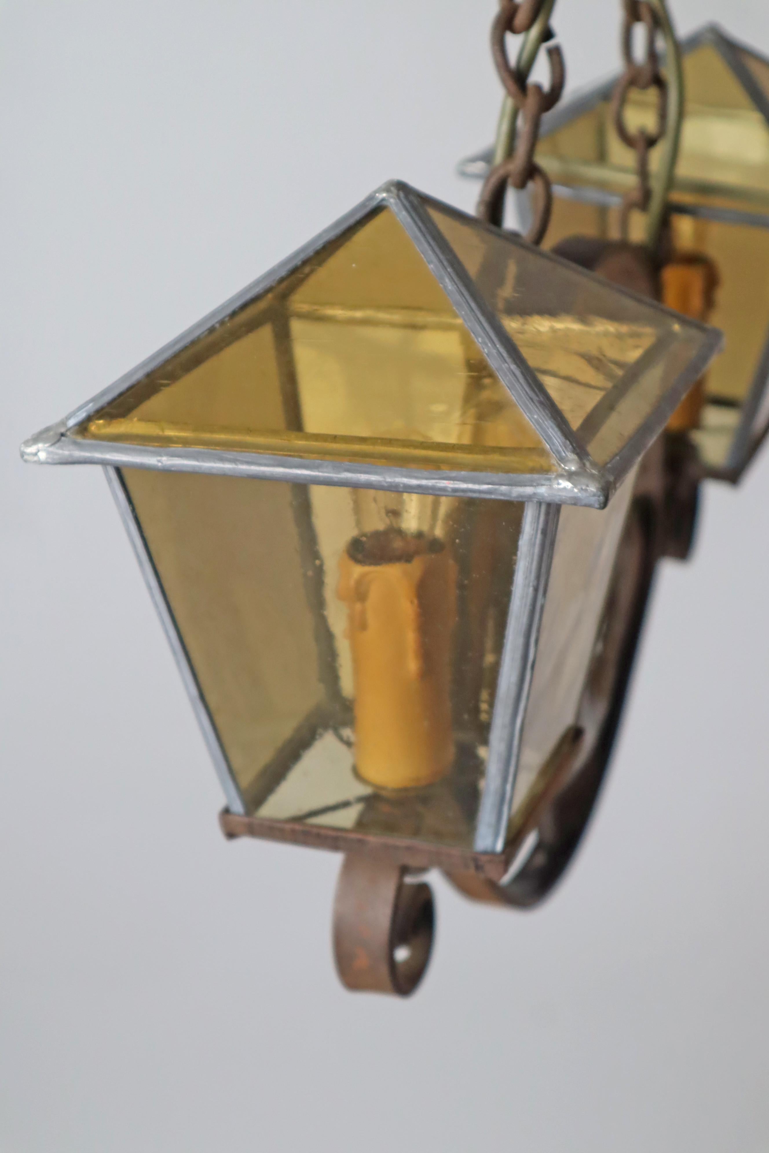 Arts and Crafts Wrought Iron Art & Craft Pendant Lamp with a Fish and Leaded Glass Germany 1920s For Sale