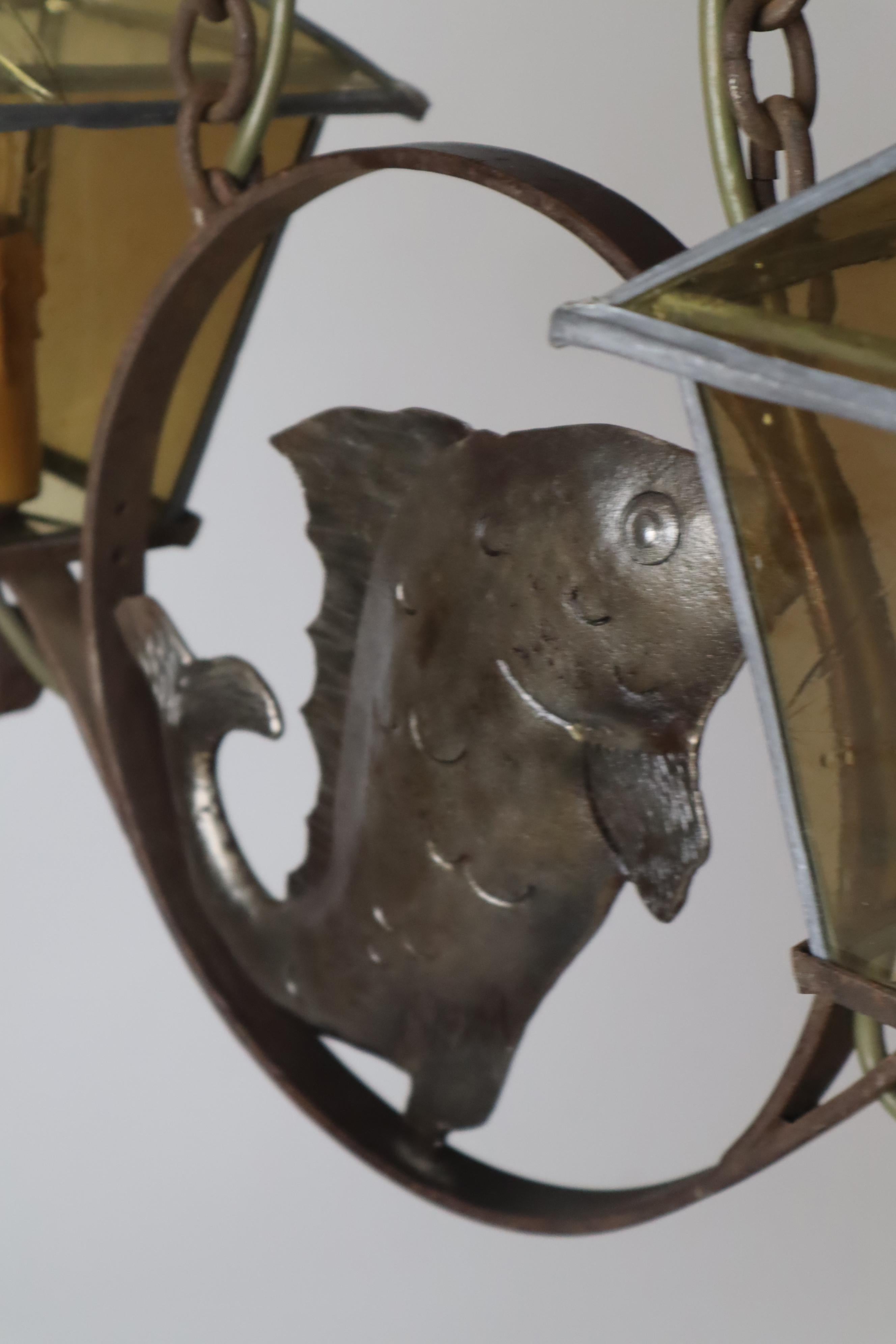 Wrought Iron Art & Craft Pendant Lamp with a Fish and Leaded Glass Germany 1920s In Distressed Condition For Sale In Hannover, DE